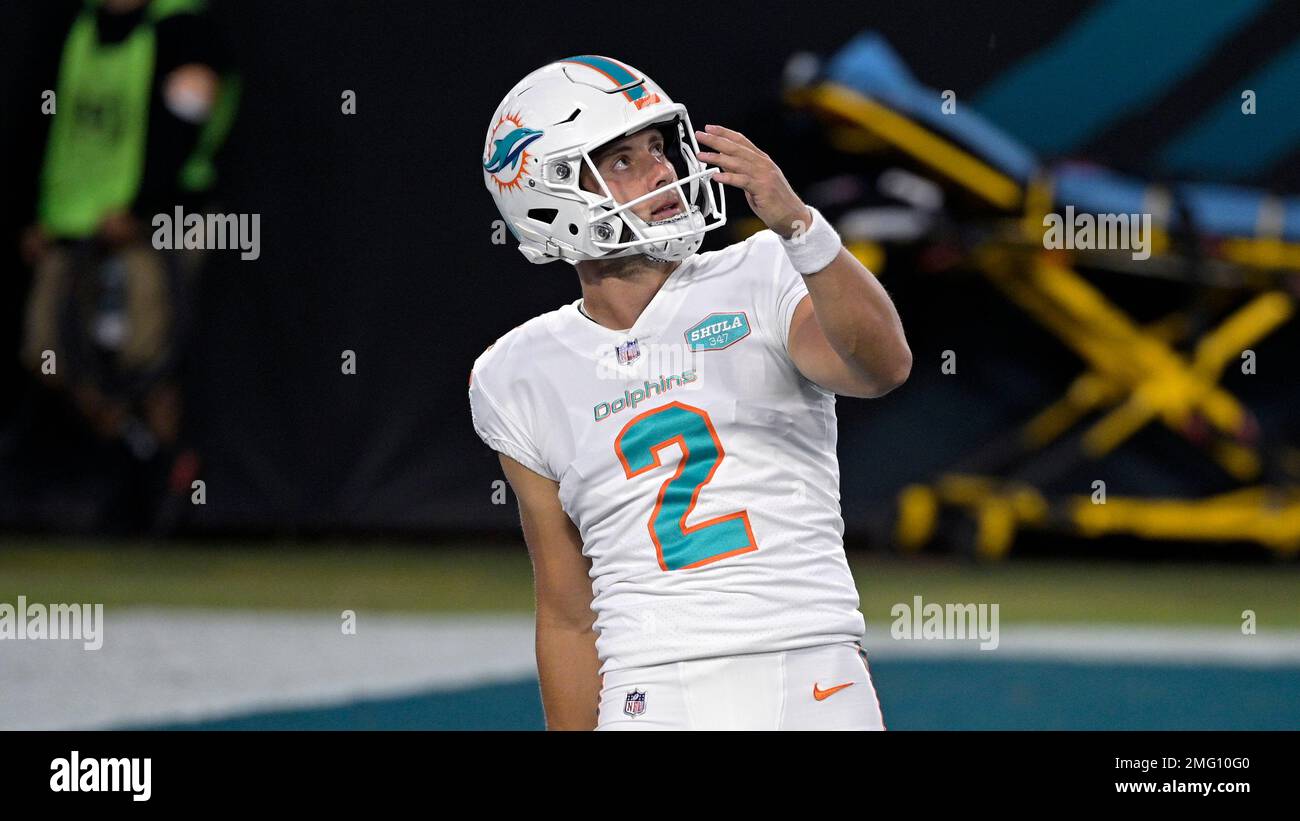 Miami Dolphins punter Matt Haack (2) watches the flight of the ball after  kicking a ball during warmups before an NFL football game against the  Jacksonville Jaguars, Thursday, Sept. 24, 2020, in