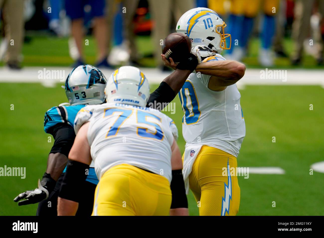 Charlotte, USA. 26th Aug, 2022. August 26, 2022: Carolina Panthers  defensive end Brian Burns (53) watches a replay of a possible fumble in the  fourth quarter against the Buffalo Bills in the