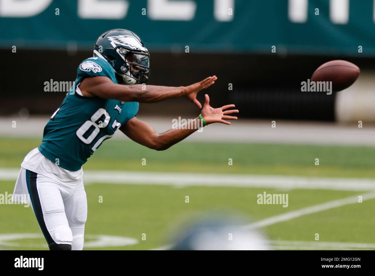 Philadelphia Eagles wide receiver John Hightower (82) in warmups before