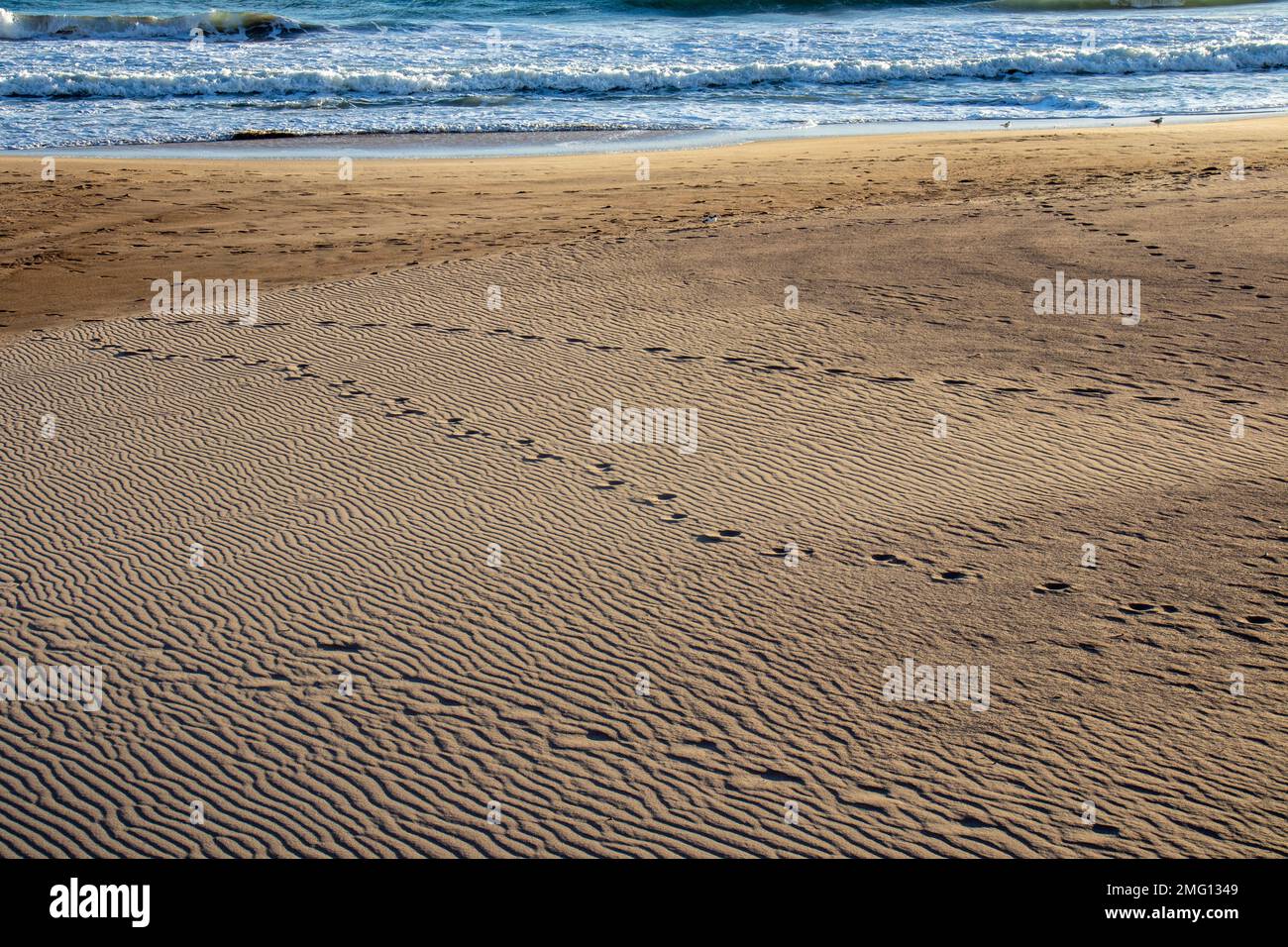 La textura de las ondas de arena en la playa y las huellas. Las ondas en la arena son diagonales. En el fondo el mar Stock Photo