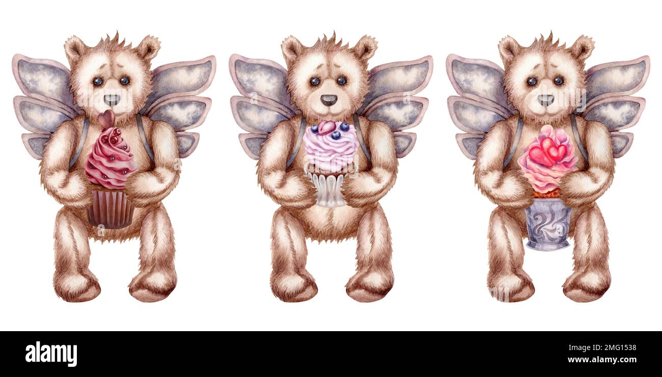 Watercolor hand drawn teddy bears - an angel with pink heart, сupcake ...
