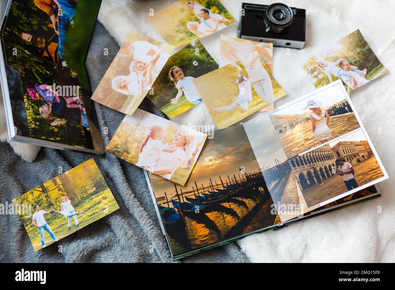 Open pages of brown luxury leather wedding book or album Stock Photo