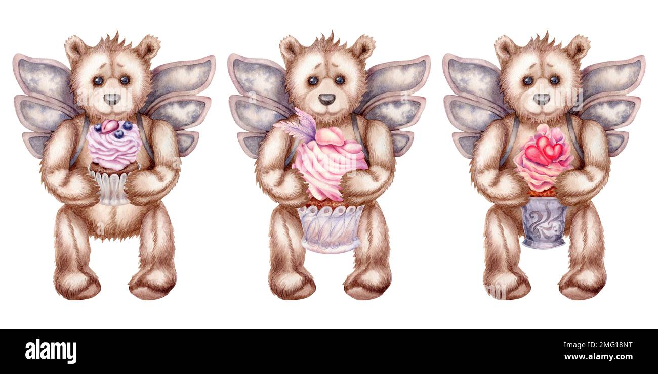 Watercolor hand drawn teddy bears - an angel with pink heart, сupcake ...