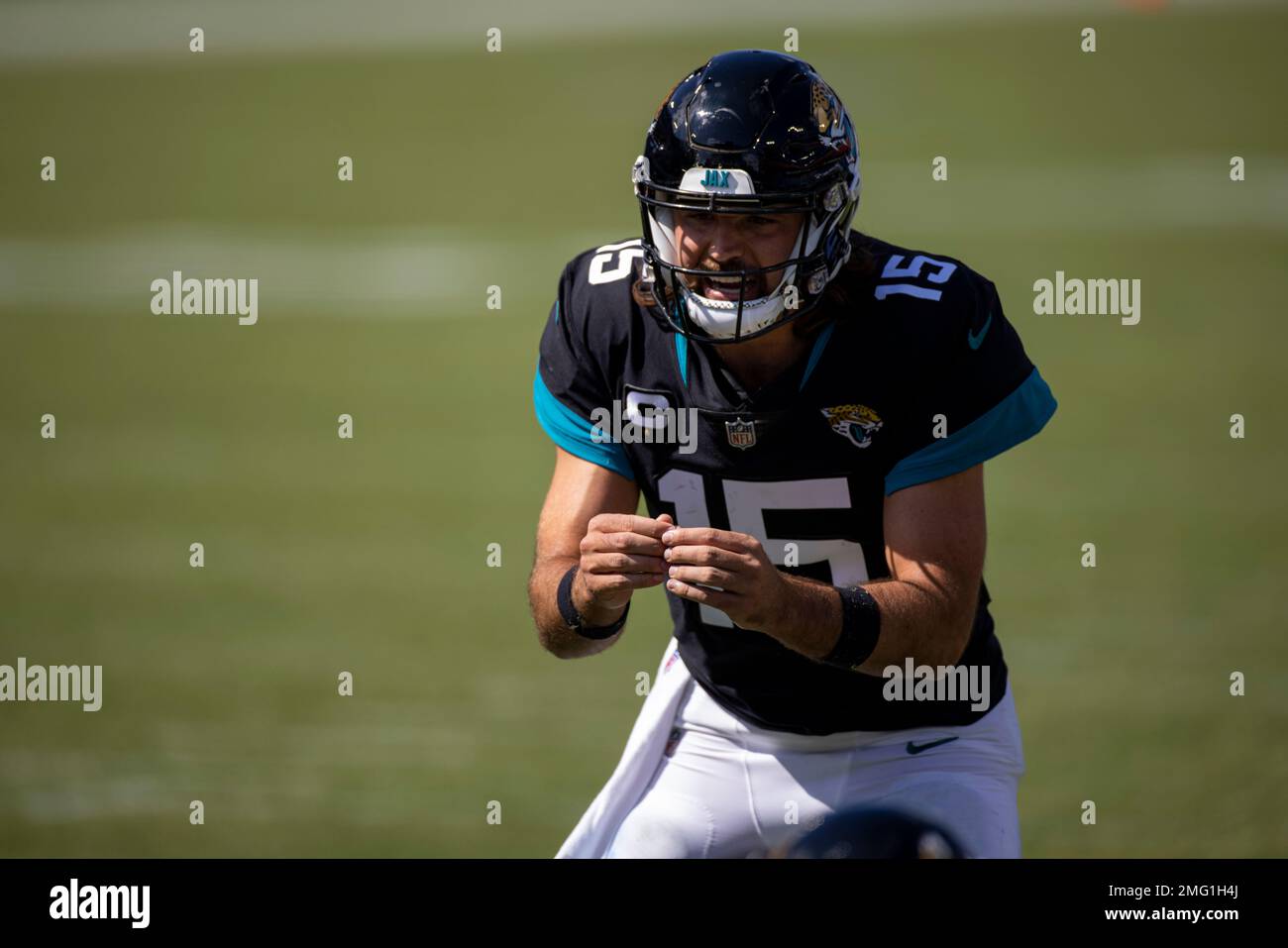 Jacksonville Jaguars quarterback Gardner Minshew (15) calls the snap in a  shotgun formation during an NFL football game against the Tennessee Titans,  Sunday, Sept. 20, 2020, in Nashville, Tenn. (AP Photo/Brett Carlsen