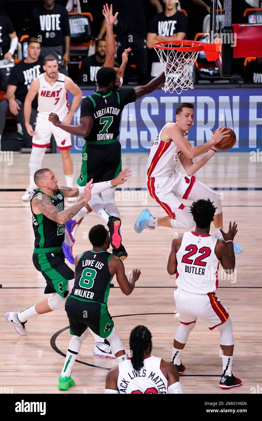 Duncan Robinson of the Miami Heat drives to the basket during Game