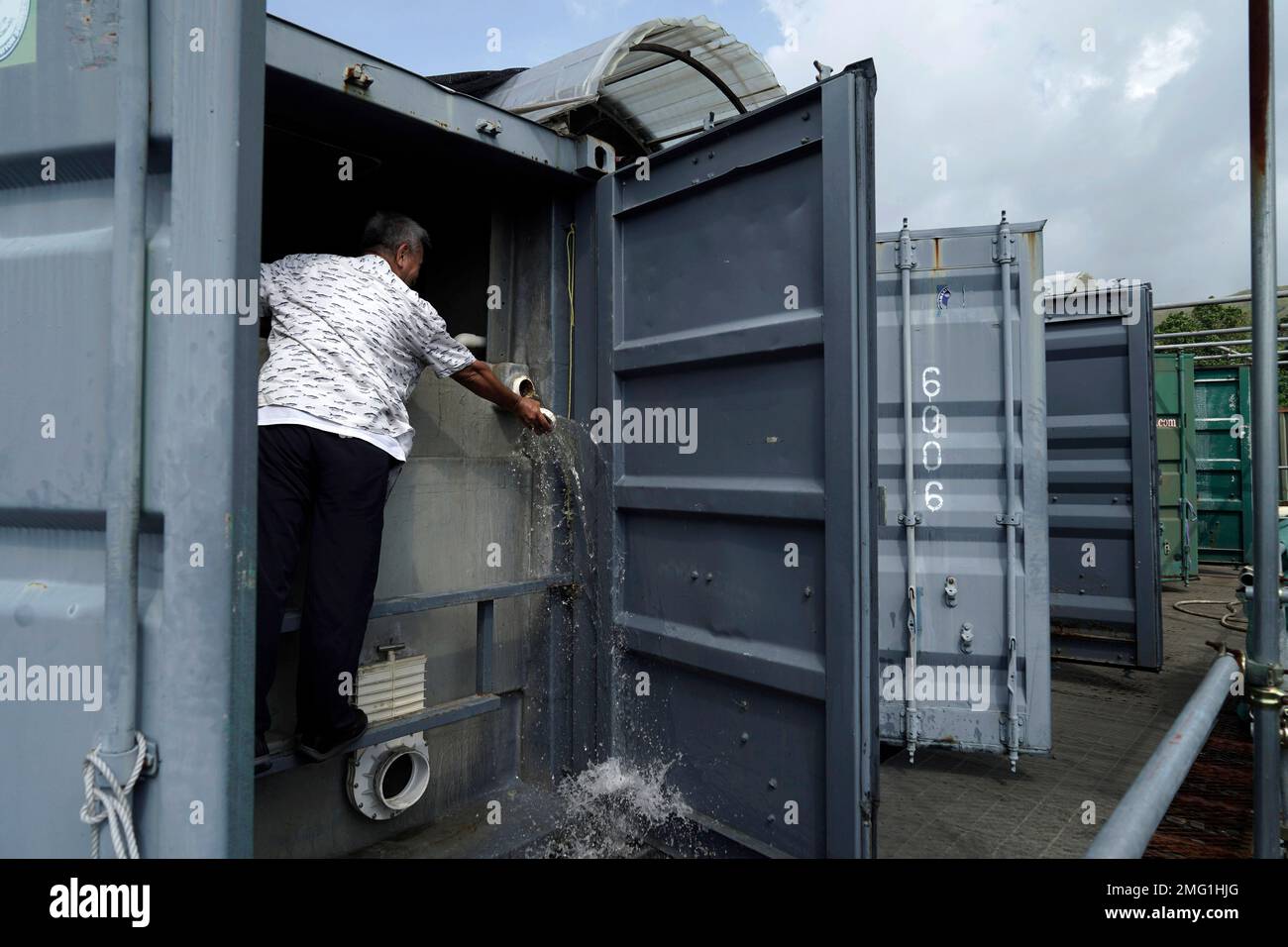 Arthur Lee, owner of MoVertical Farm, works on his fish tank inside a  shipping container in Yuen Long, Hong Kong's New Territories Tuesday, Sept.  22, 2020. After a career making the shipping