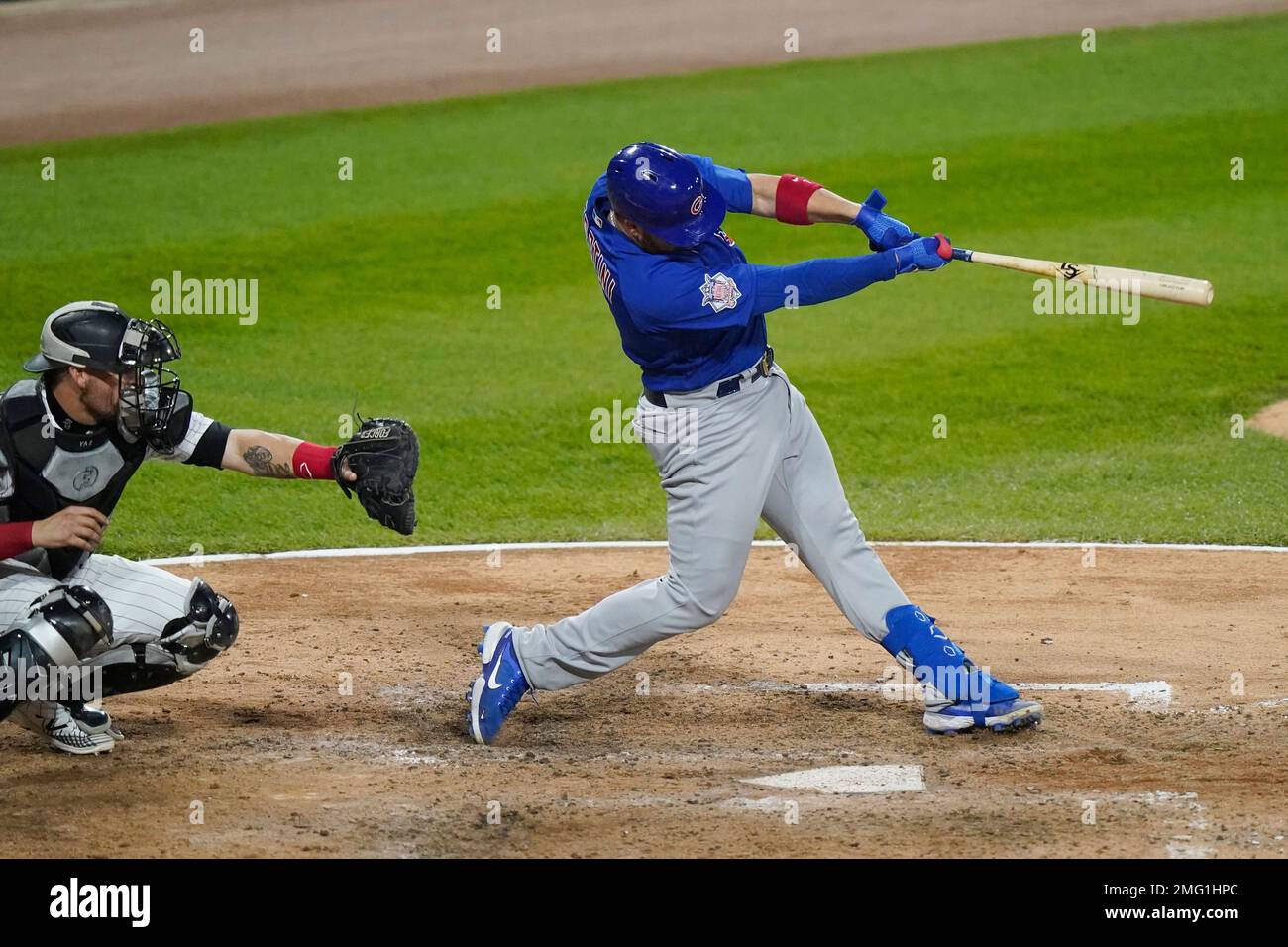 Chicago Cubs' Victor Caratini hits a two-run home run against the Chicago  White Sox during the sixth inning of a baseball game in Chicago, Friday,  Sept. 25, 2020. (AP Photo/Nam Y. Huh