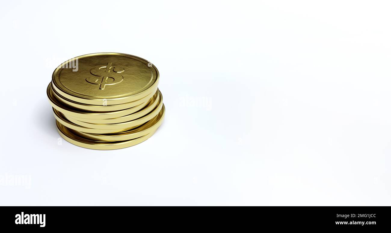 Gold coins stacked on white background. 3D render image with copy space ...