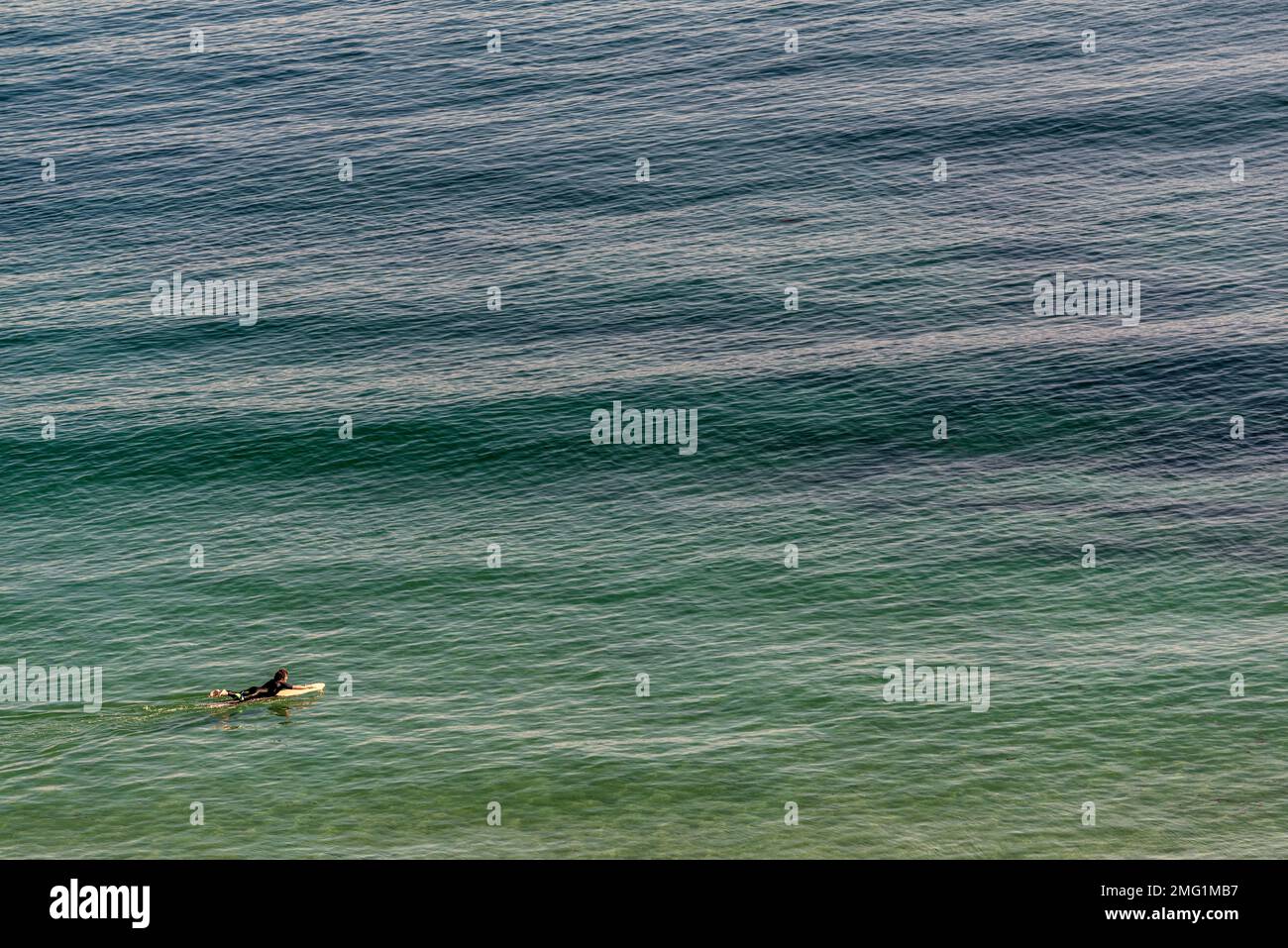 A man in the sea practicing the sport of surfing on the beach of Langre in the province of Santander, autonomous community of Cantabria, Spain, Europe Stock Photo
