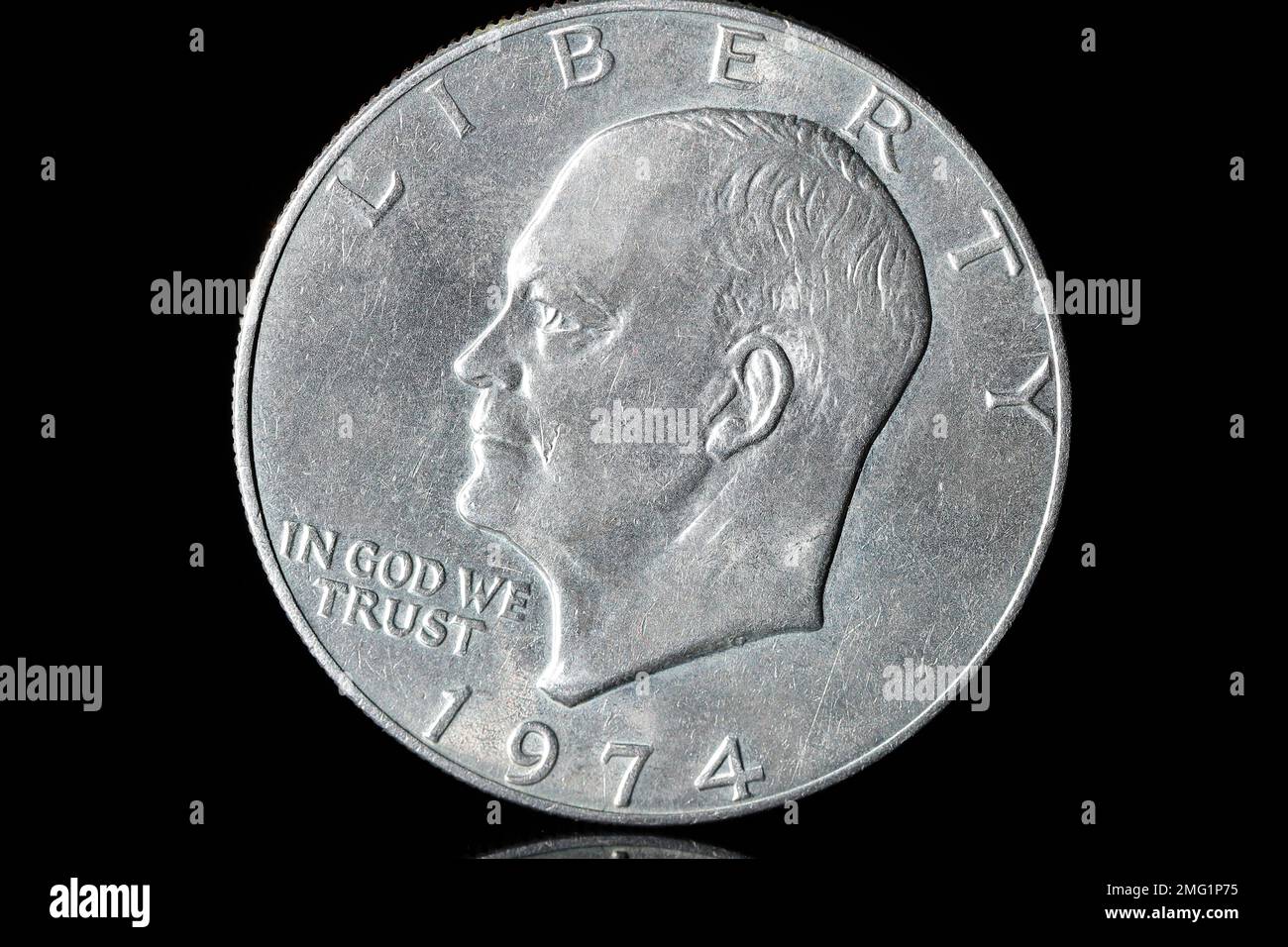 Obverse of a U.S $1 dollar coin issued in 1974.It features President Eisenhower with the word 'Liberty' and the phrase 'In God We Trust' Stock Photo