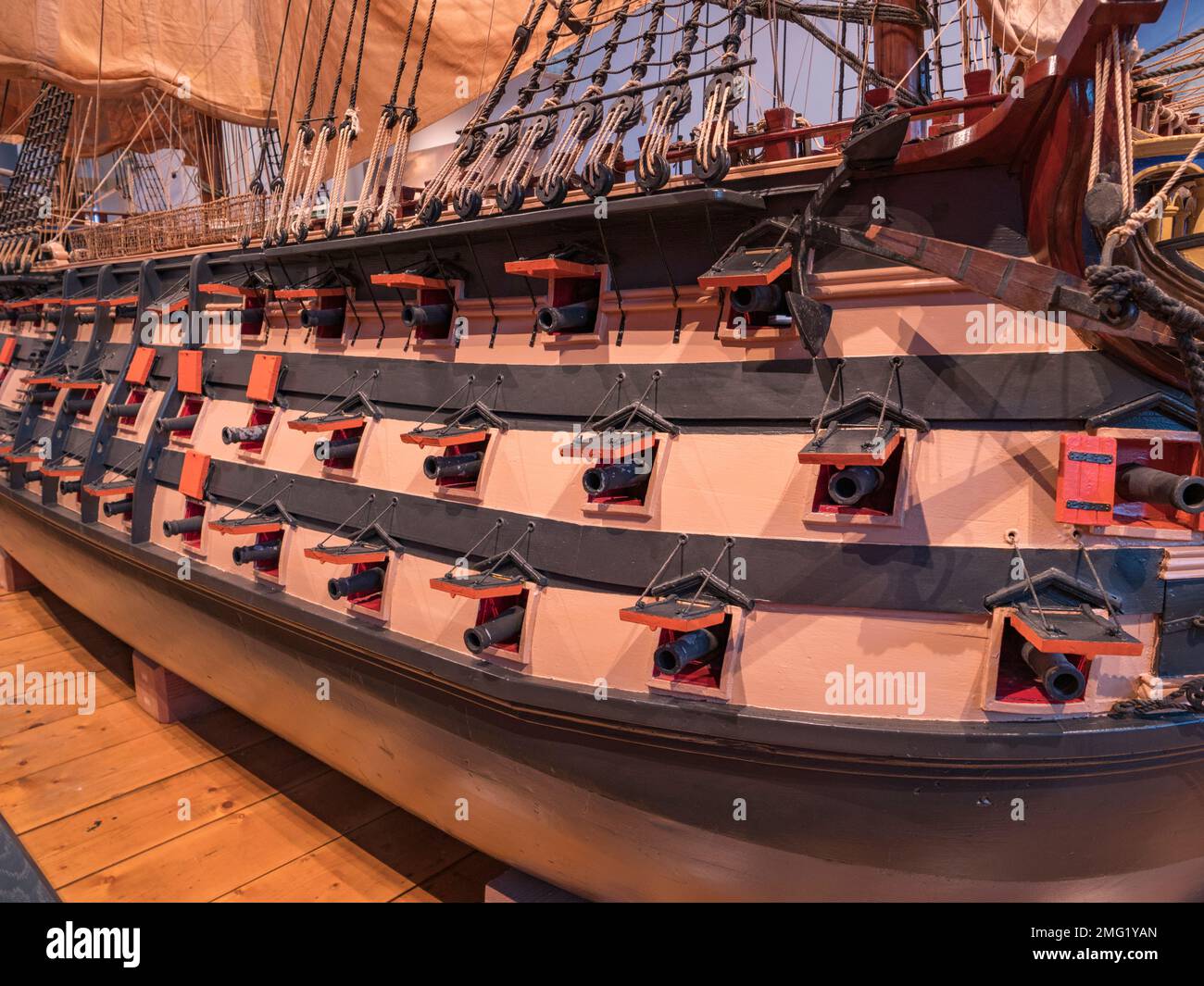 Close up view of the gun decks on a scale model of HMS Victory, Admiral Nelson's flagship launched in 1765, Historic Dockyard Chatham, Kent, UK. Stock Photo