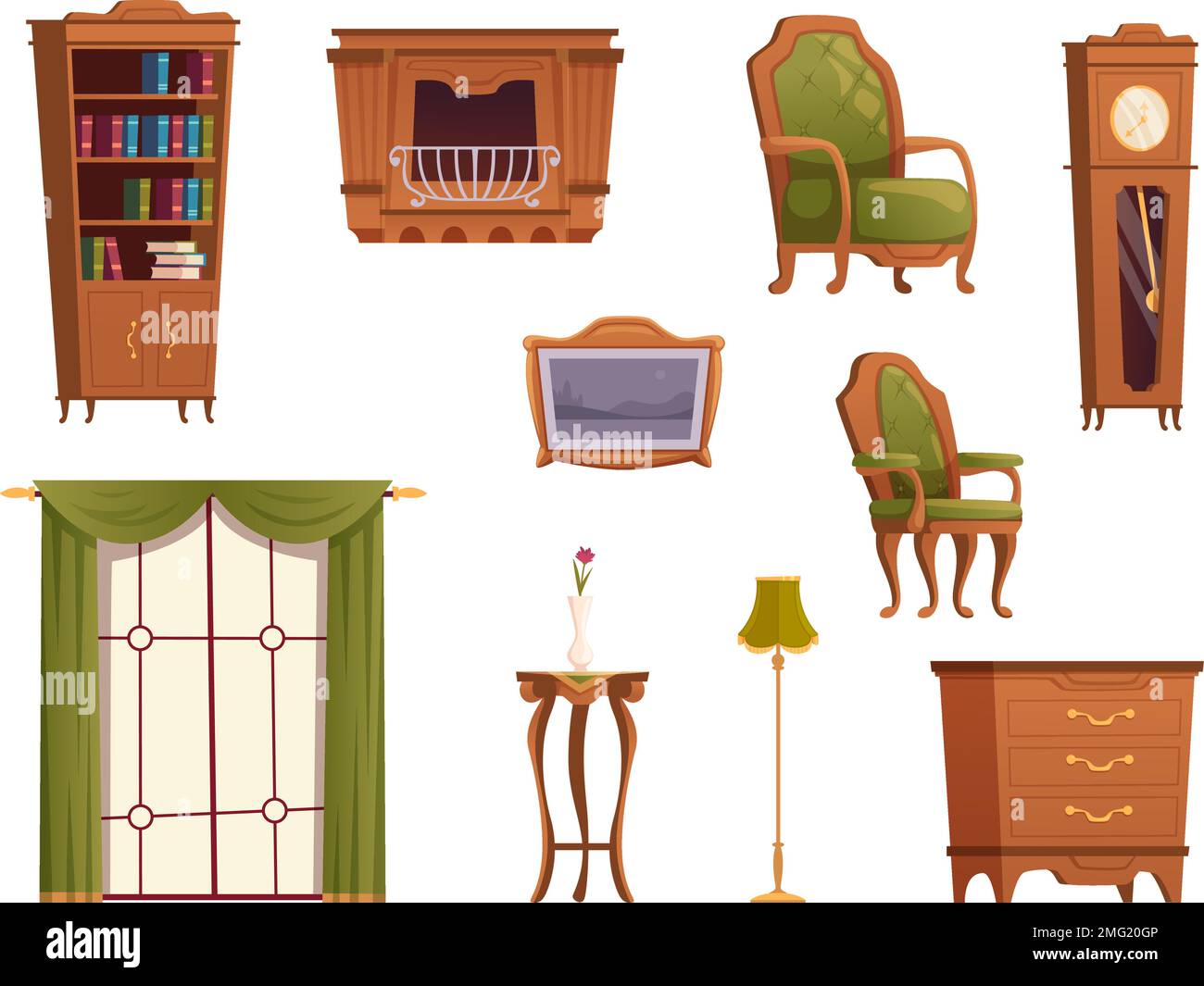 Vintage furniture. Old style interior items armchairs sofa wooden shelves bookcase exact vector templates set in cartoon style Stock Vector