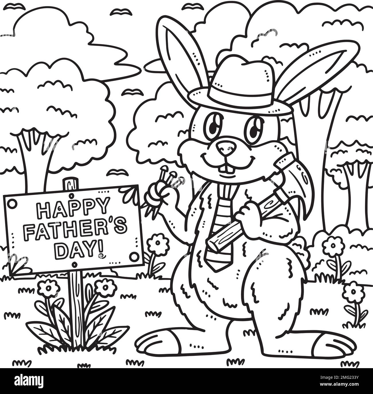 Fathers Day Rabbit with Hammer and Nail Coloring Stock Vector Image