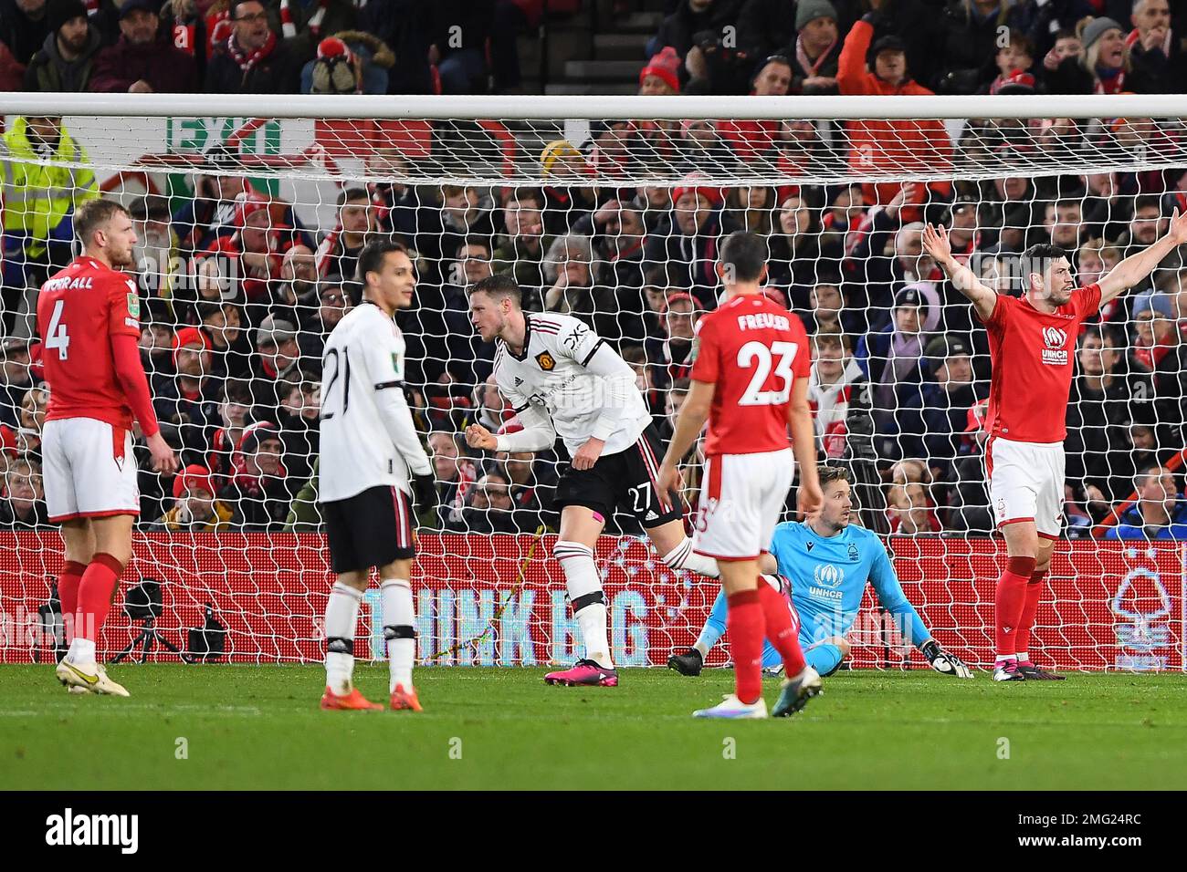 Nottingham, UK. 25th January 2023Wout Weghorst of Manchester United celebrates after scoring a goal to make it 2-0 during the Carabao Cup match between Nottingham Forest and Manchester United at the City Ground, Nottingham on Wednesday 25th January 2023. (Credit: Jon Hobley | MI News) Credit: MI News & Sport /Alamy Live News Stock Photo