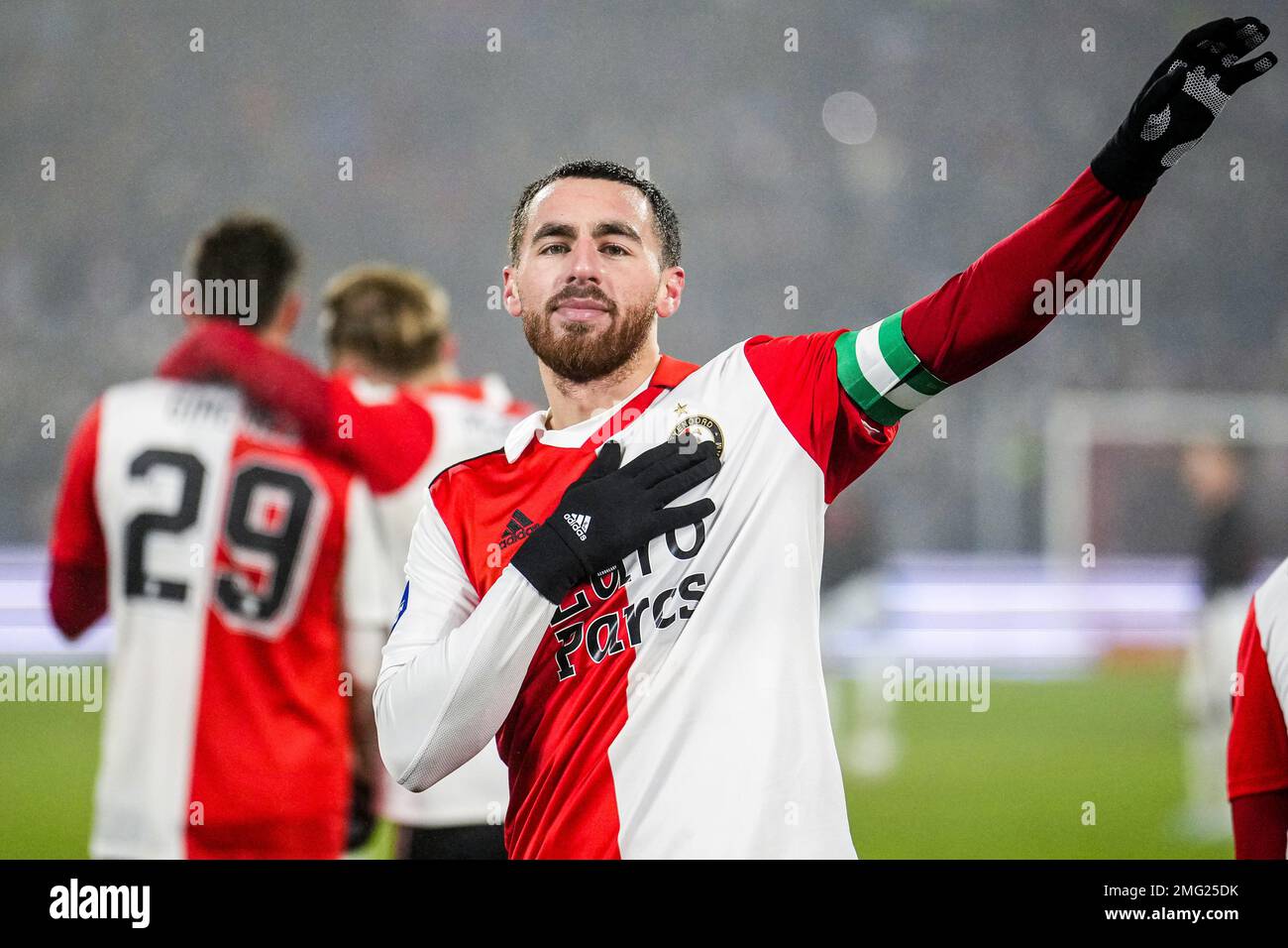 Rotterdam - Orkun Kokcu of Feyenoord celebrates the 2-0 during the match between Feyenoord v NEC Nijmegen at Stadion Feijenoord De Kuip on 25 January 2023 in Rotterdam, Netherlands. (Box to Box Pictures/Tom Bode) Stock Photo