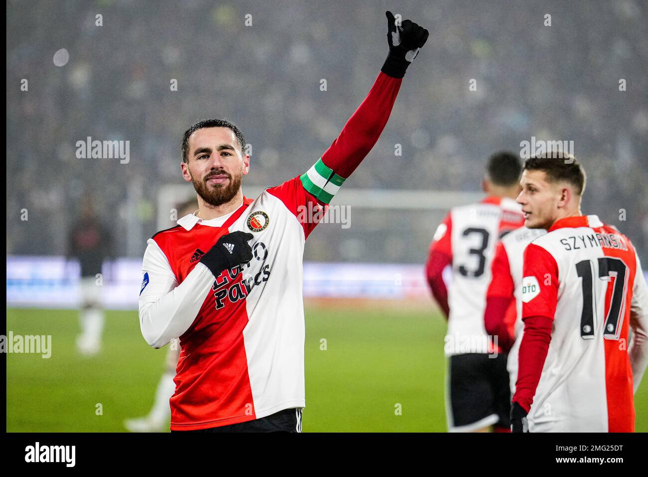 Rotterdam - Orkun Kokcu of Feyenoord celebrates the 2-0 during the match between Feyenoord v NEC Nijmegen at Stadion Feijenoord De Kuip on 25 January 2023 in Rotterdam, Netherlands. (Box to Box Pictures/Tom Bode) Stock Photo