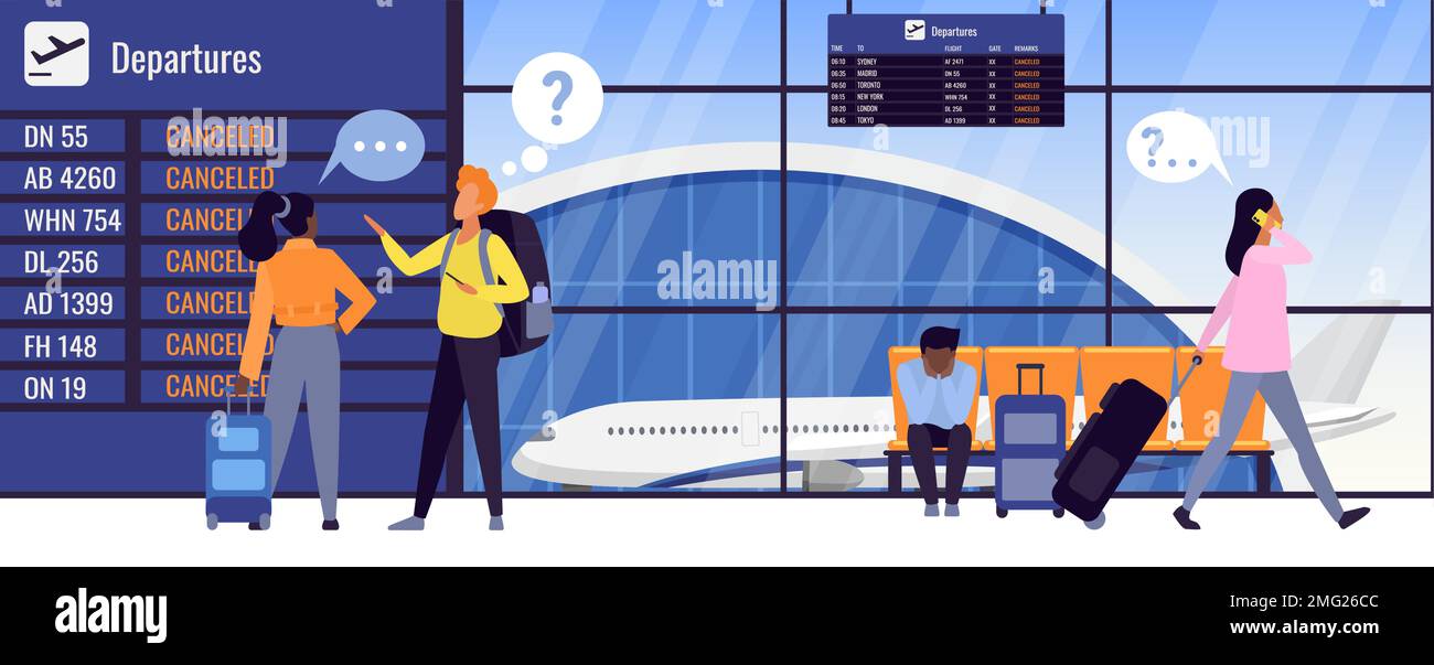 Flight canceled vector illustration. Cartoon all passengers with luggages and question marks in bubbles above heads walking, worried tourists standing near departure schedule on board at airport Stock Vector