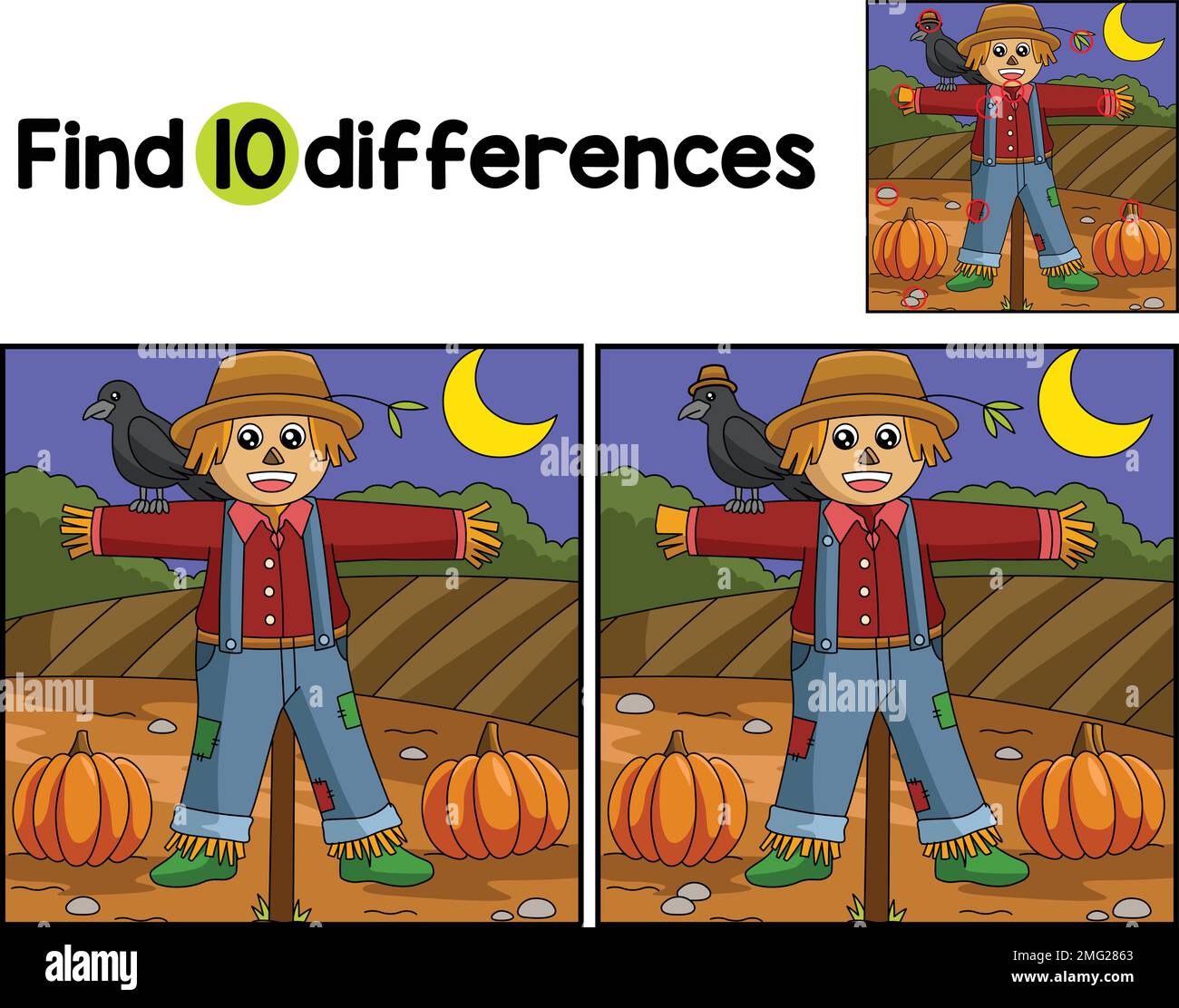 Scarecrow Farm Find The Differences Stock Vector