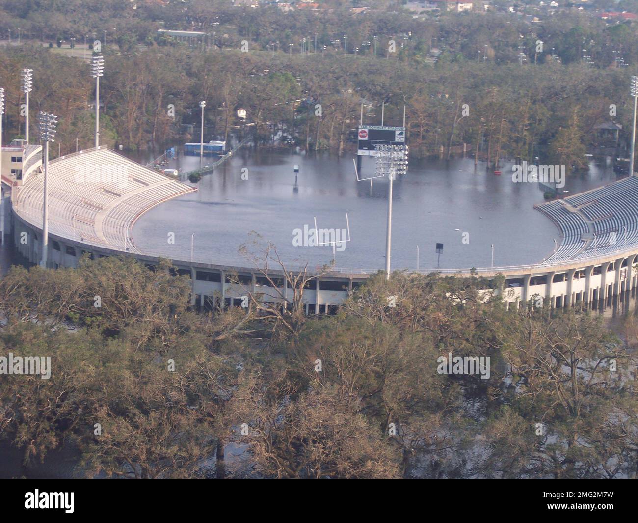 Aftermath Flooding Miscellaneous 26HK36106. aerial shot of heavily flooded stadium