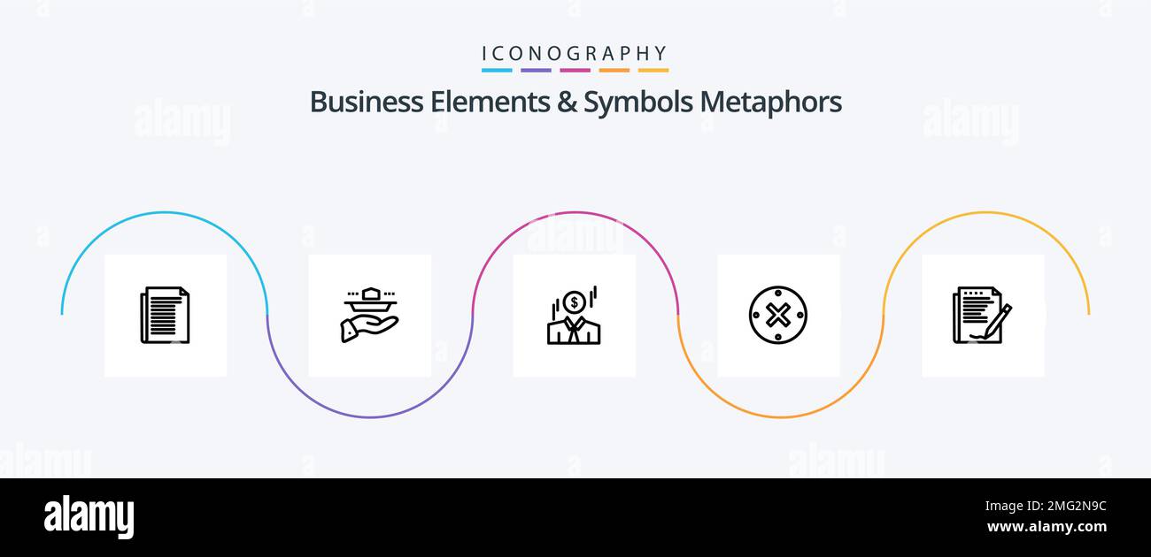 Business Elements And Symbols Metaphors Line 5 Icon Pack Including agreement. delete. dinner. cross. money Stock Vector