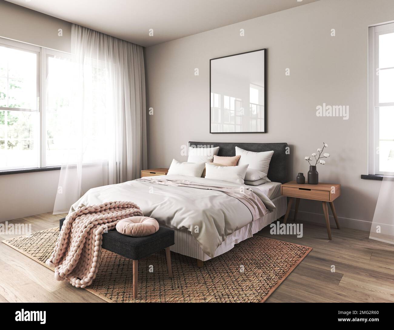 Modern scandinavian and Japandi style bedroom interior design with bed white color. Wooden table and floor, mock up frame wall. 3d render. High Stock Photo