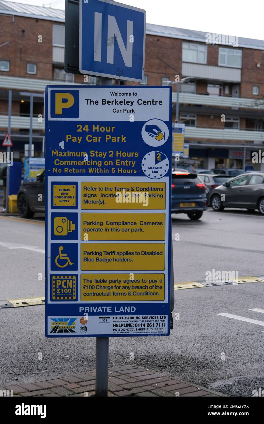 Excel Parking signs and machines in place at The Berkeley Centre on Ecclesall Road in Sheffield Stock Photo