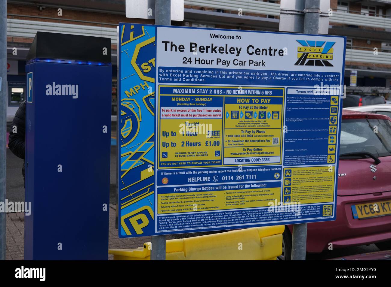 Excel Parking signs and machines in place at The Berkeley Centre on Ecclesall Road in Sheffield Stock Photo