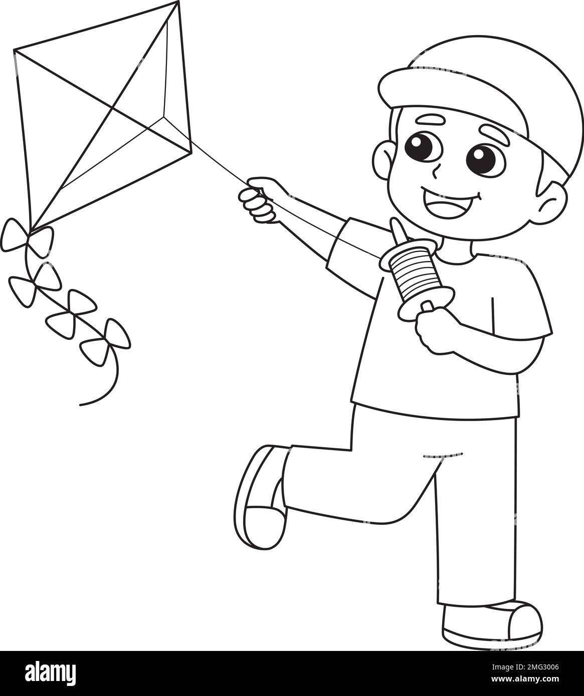 Spring Boy Flying a Kite Isolated Coloring Page  Stock Vector