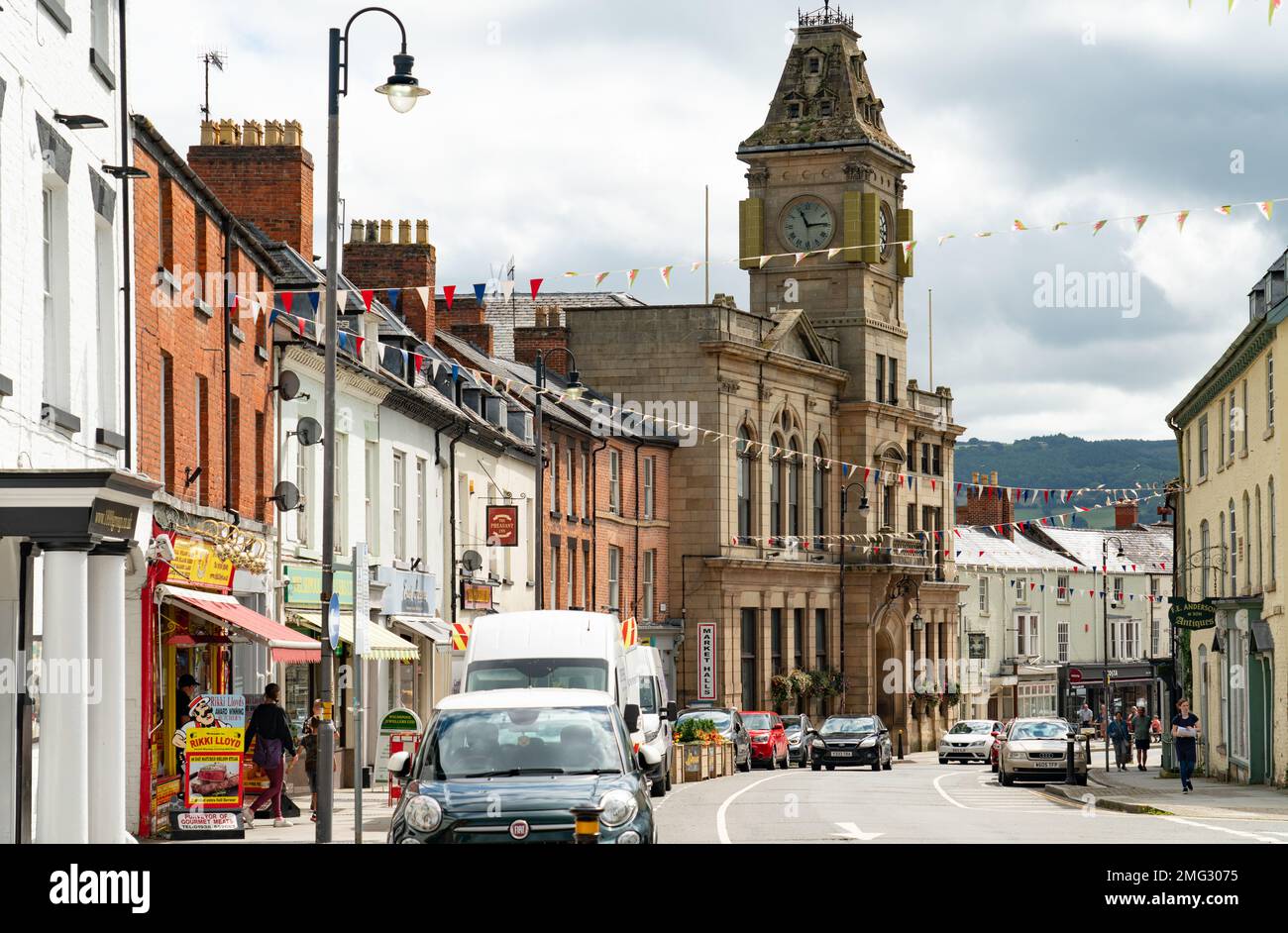 The Town Hall and Broad St, Welshpool, Mid Wales. August 2022. Stock Photo