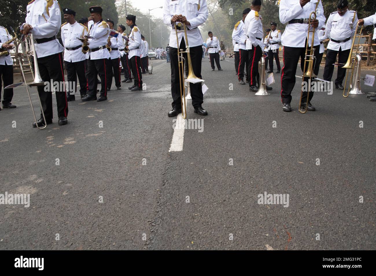 Kolkata, India. 25th Jan, 2023. As India is all set to commemorate its 74th Republic Day celebration on January 26, the full-dress rehearsal of the Republic Day Parade was held at Kolkata Red Road.Indian Army, Indian Navy, Indian Air Force, Assam Rifles, Panjab regiment, Gorkha regiment, Kolkata police, and many schools took part in the Full Dress Parade Rehearsal for Republic Day 2023 in Kolkata. (Photo by Barun Kumar Das/Pacific Press/Sipa USA) Credit: Sipa USA/Alamy Live News Stock Photo