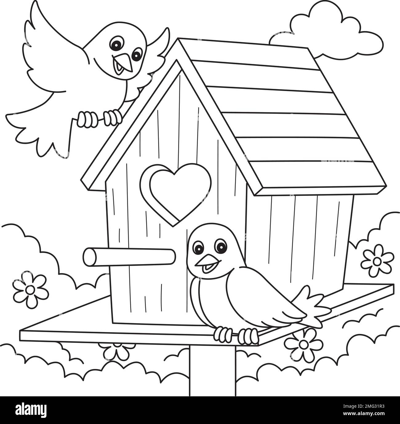 Spring Birdhouse Coloring Page for Kids Stock Vector