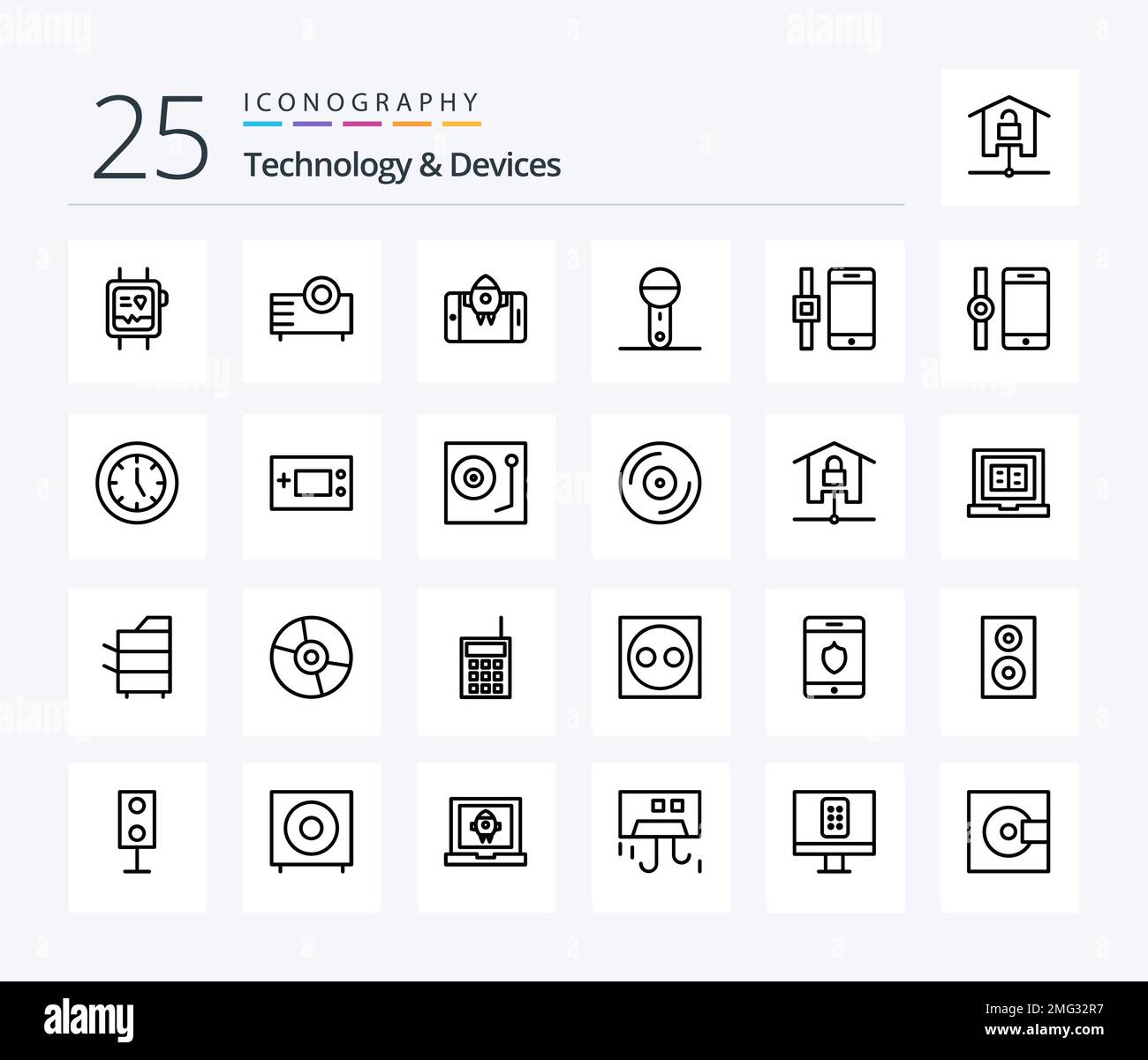 Devices 25 Line icon pack including technology. microphone. technology