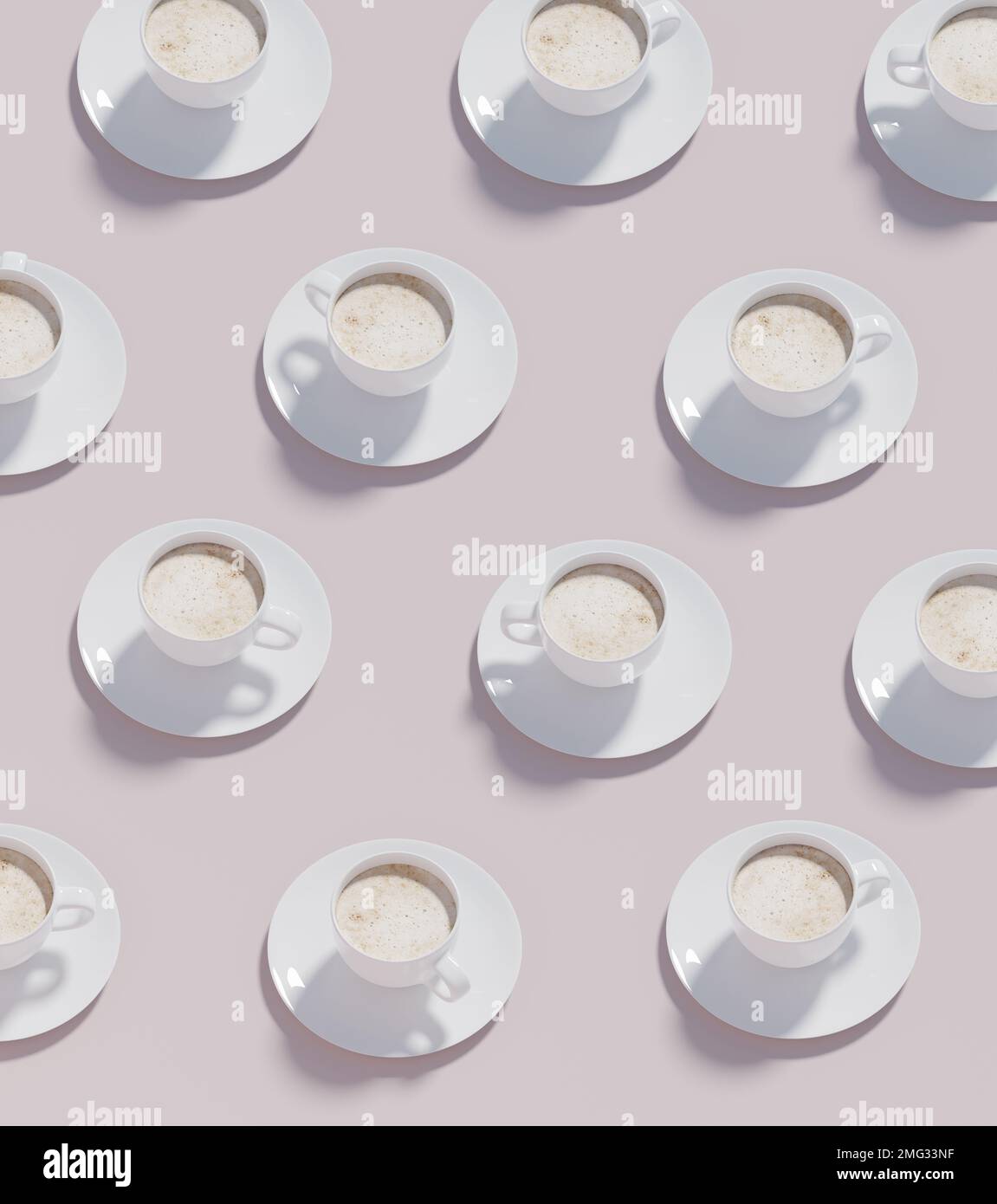 Pattern of coffee cups in tan pastel background, 3d rendering. Coffee culture cappuccino drinks, daily caffeine consumption Stock Photo