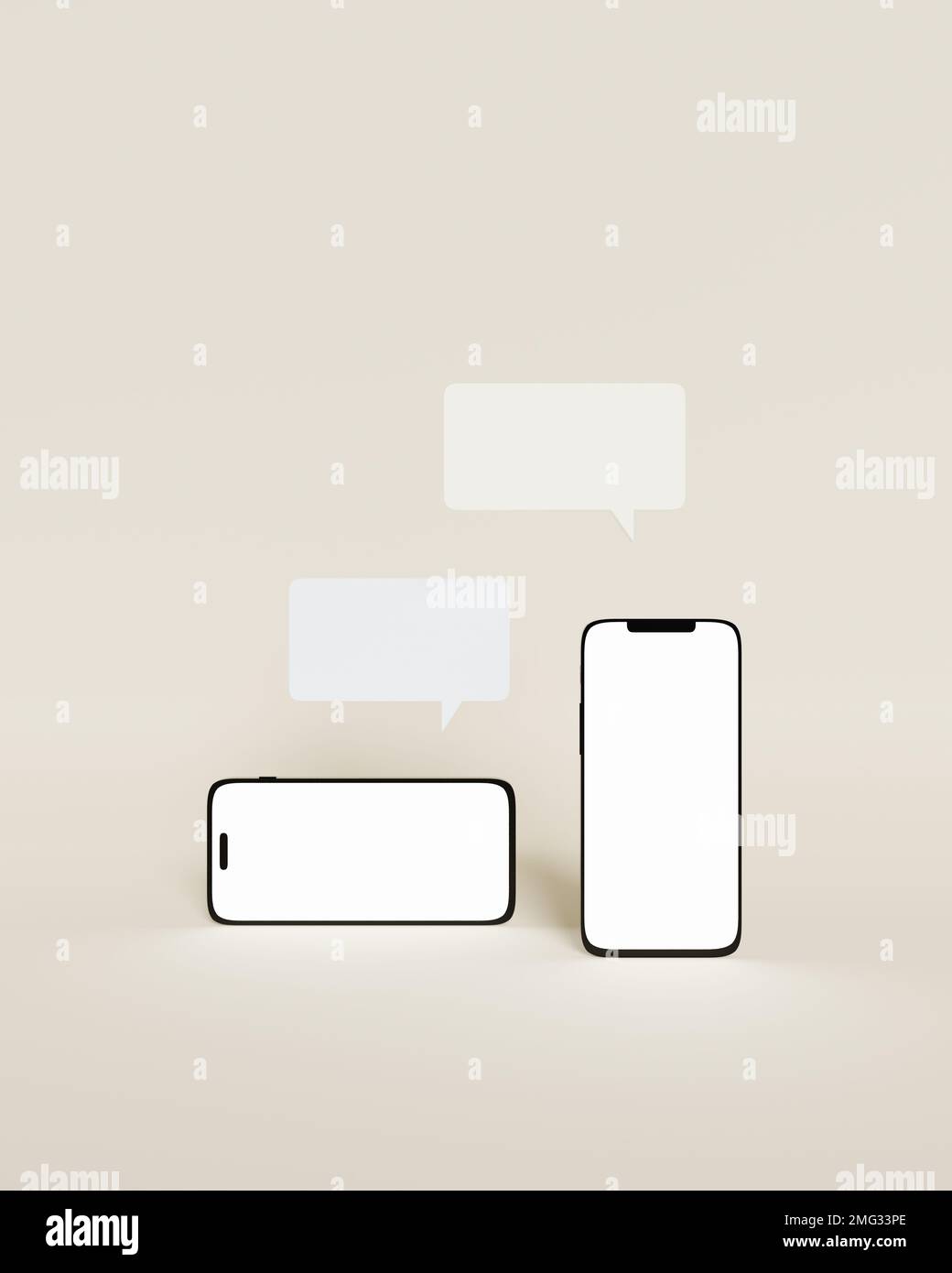 Two generic smartphone mockups with white screens and speech bubbles in