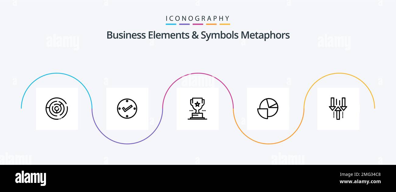 Business Elements And Symbols Metaphors Line 5 Icon Pack Including arrow. pie. check. chart. achievement Stock Vector