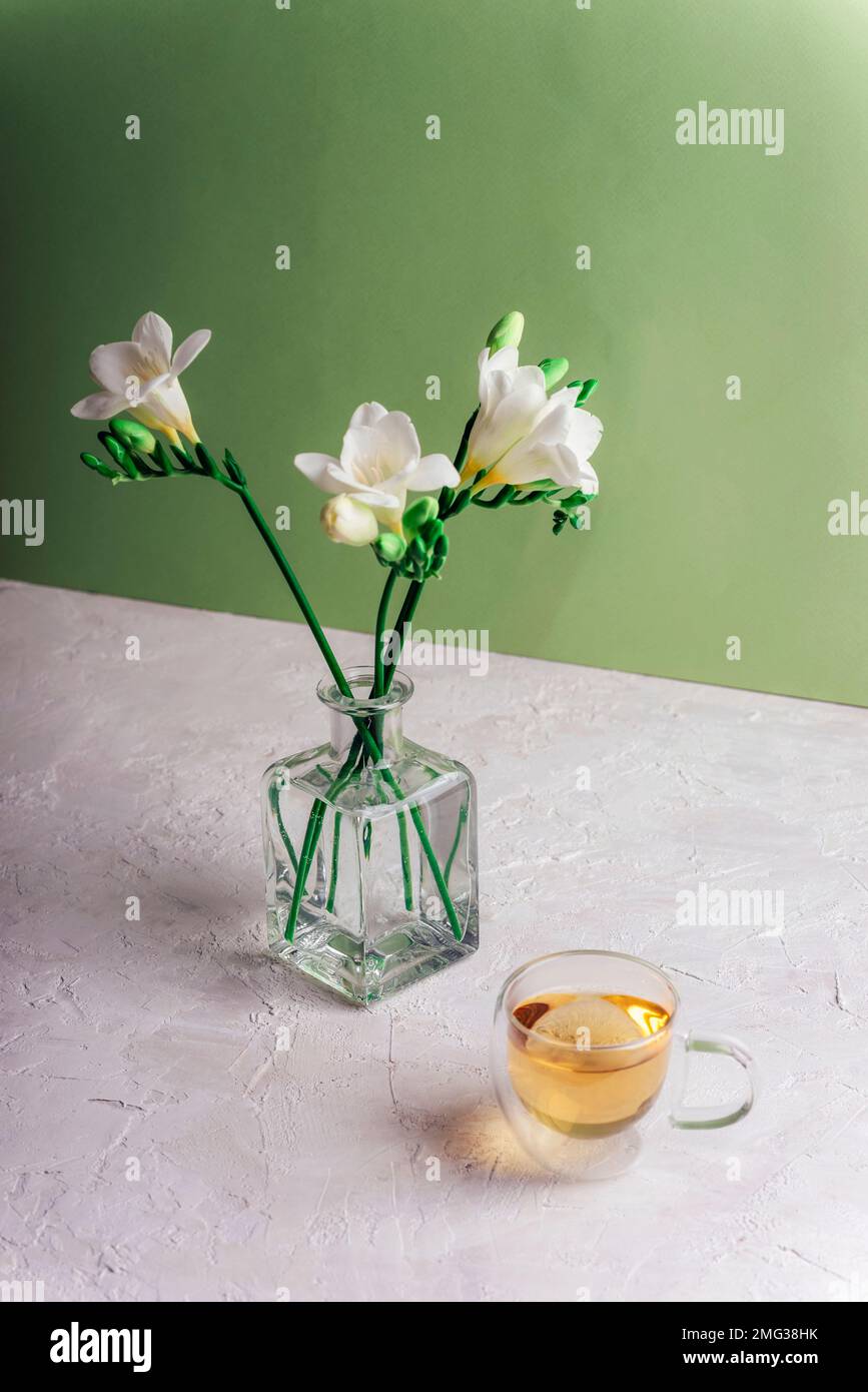A cup of tea and freesia white flowers in glass vase on white textured table against green wall. Still life. Stock Photo