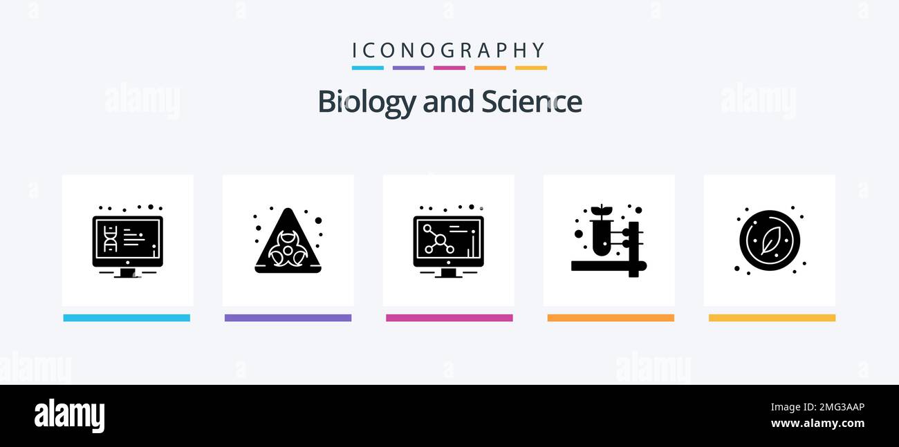 Biology Glyph 5 Icon Pack Including research. biology. atom. homeopathy. herbal pharmacy. Creative Icons Design Stock Vector