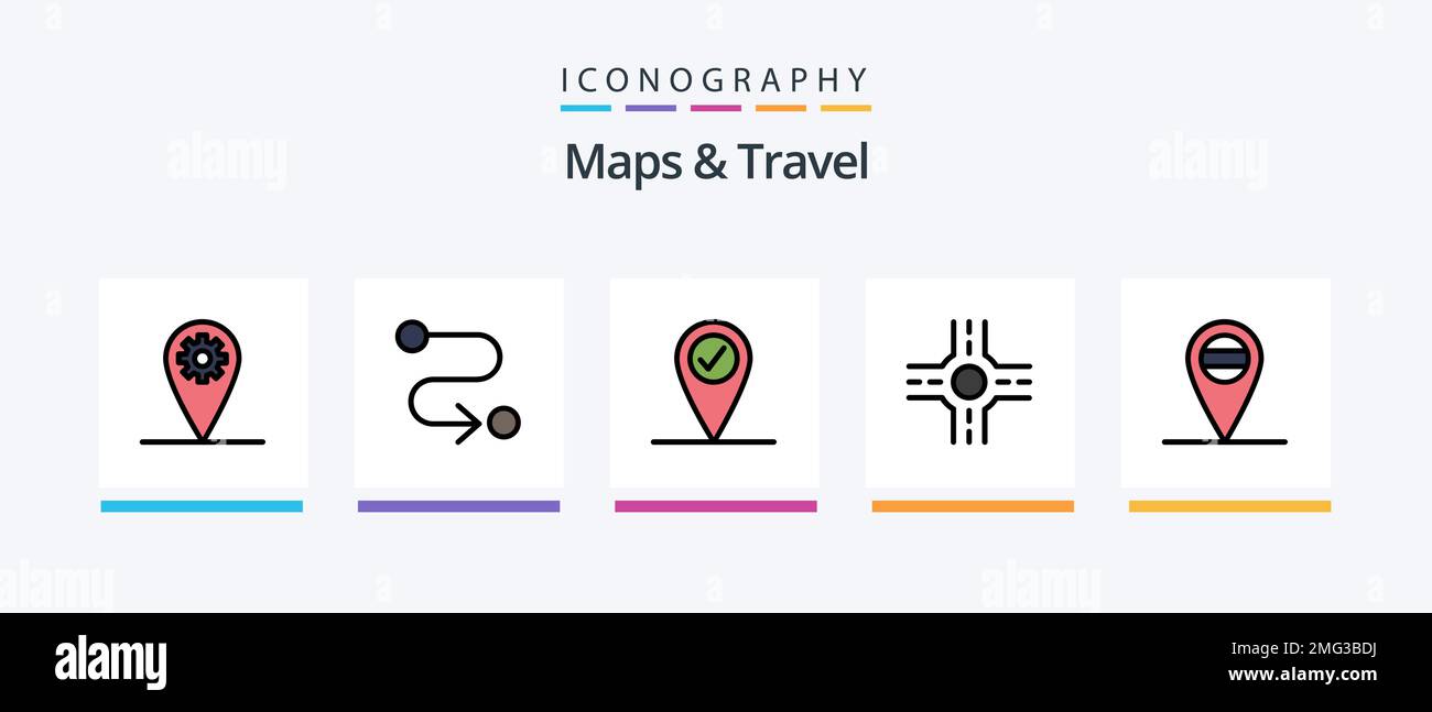 Maps and Travel Line Filled 5 Icon Pack Including . location. plan. Creative Icons Design Stock Vector