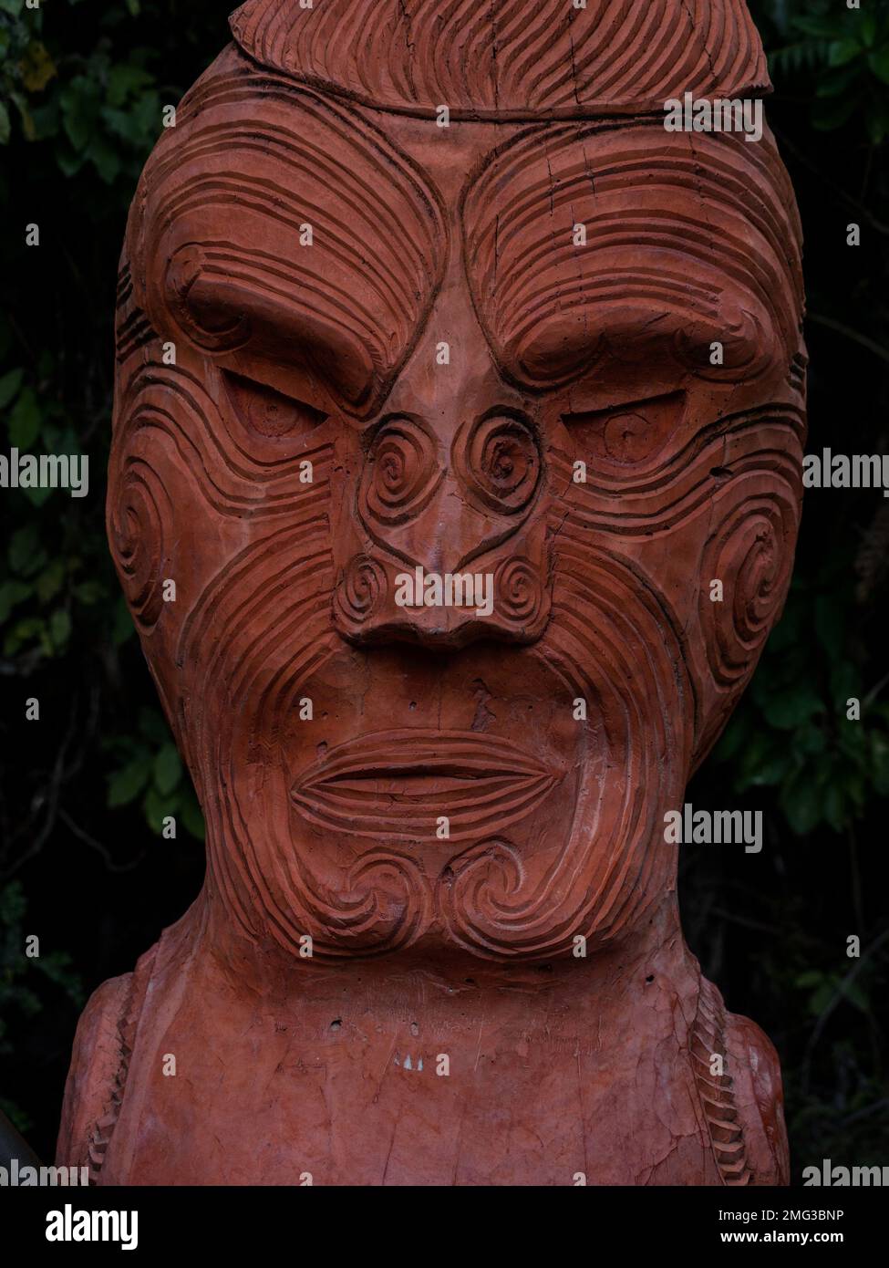 Close up portrait of traditional ancient red wooden Maori sculpture figure in Abel Tasman National Park Nelson Tasman South Island of New Zealand Stock Photo