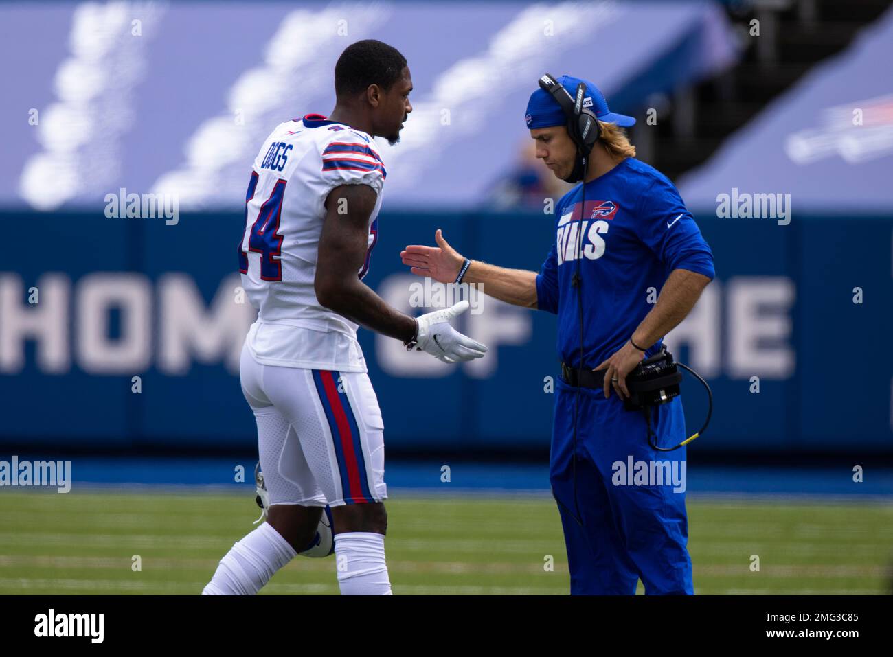 Buffalo Bills wide receiver Stefon Diggs (14) slaps hands with wide  receivers coach Chad Hall during an NFL football game against the New York  Jets, Sunday, Sept. 13, 2020, in Orchard Park,