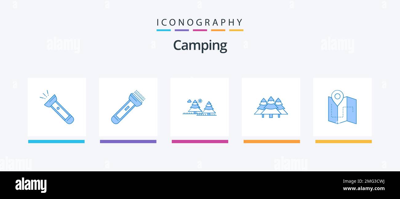 Camping Blue 5 Icon Pack Including . tree. location. plan. Creative Icons Design Stock Vector