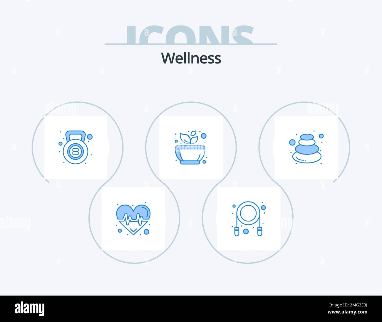 Wellness Blue Icon Pack 5 Icon Design. massage. rest. kettle bell. spa. mortar Stock Vector