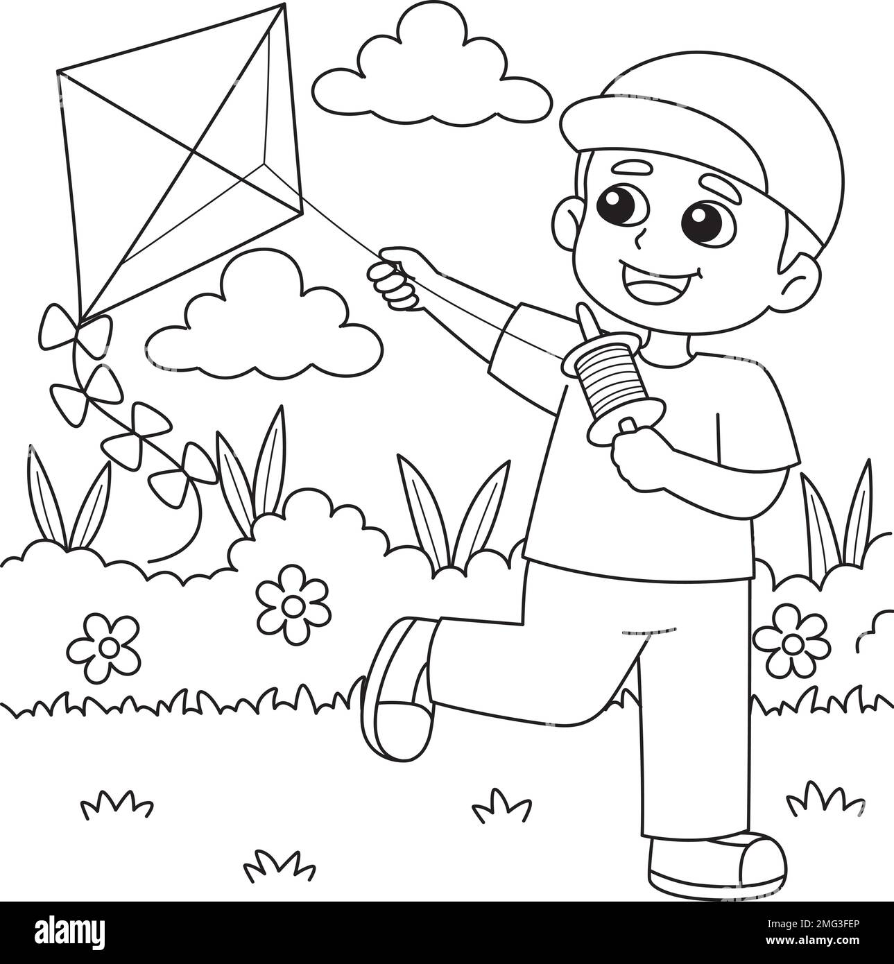 Spring Boy Flying a Kite Coloring Page for Kids Stock Vector