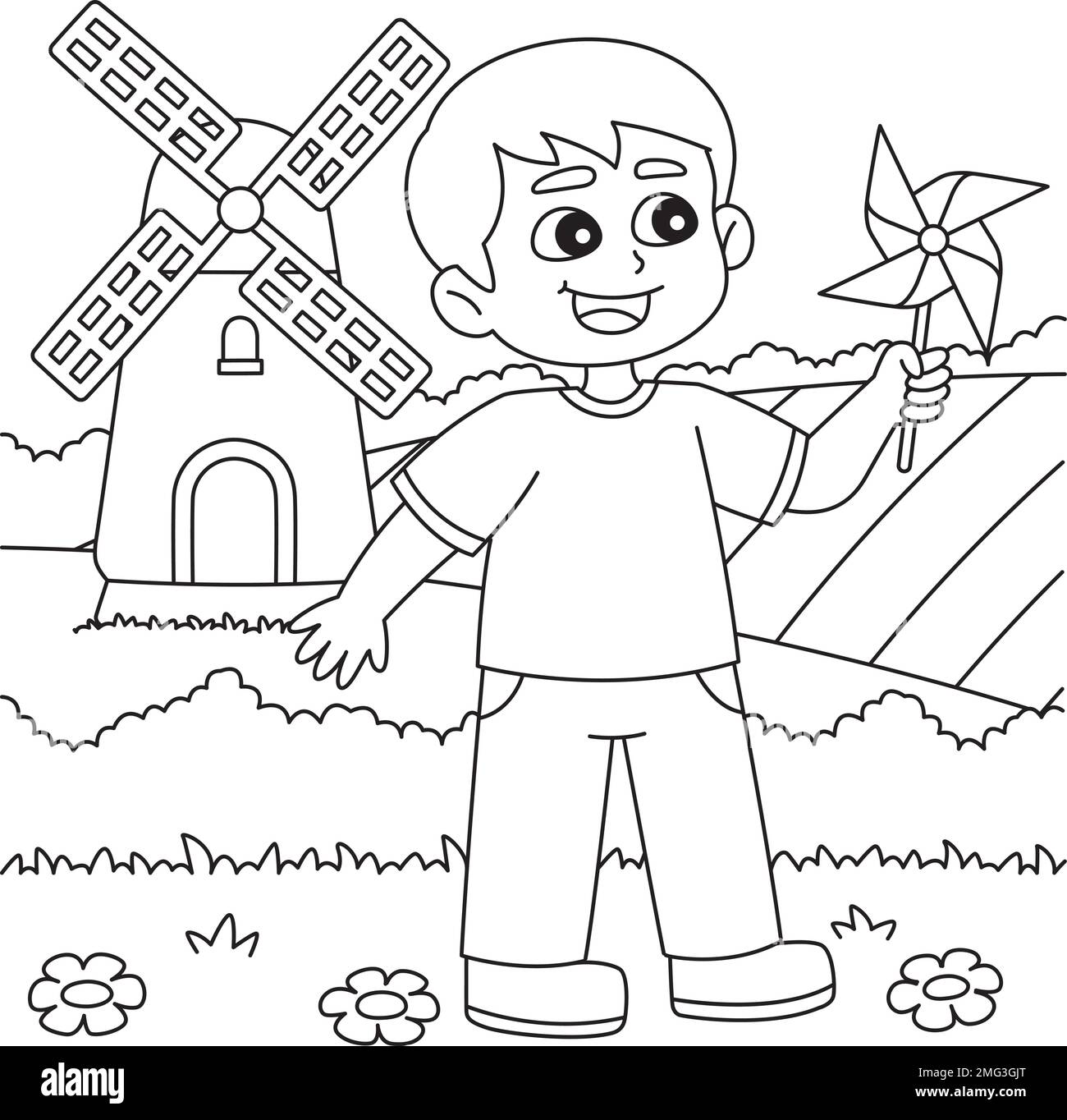 Spring Boy Holding a Pinwheel Coloring Page Stock Vector Image & Art ...
