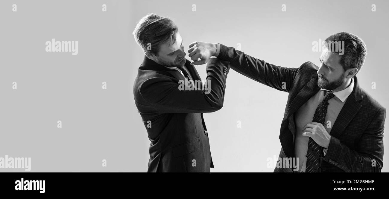 Man face portrait, banner with copy space. two angry businessmen ...