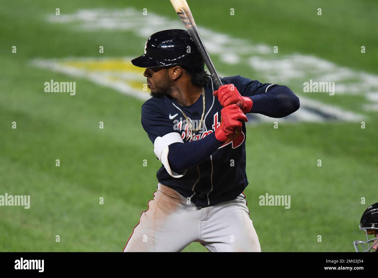 Atlanta Braves second baseman Ozzie Albies (1) at bat during the fifth inning of a baseball game against the Baltimore Orioles, Monday, Sept. 14, 2020, in Baltimore. (AP Photo/Terrance Williams) Stock Photo