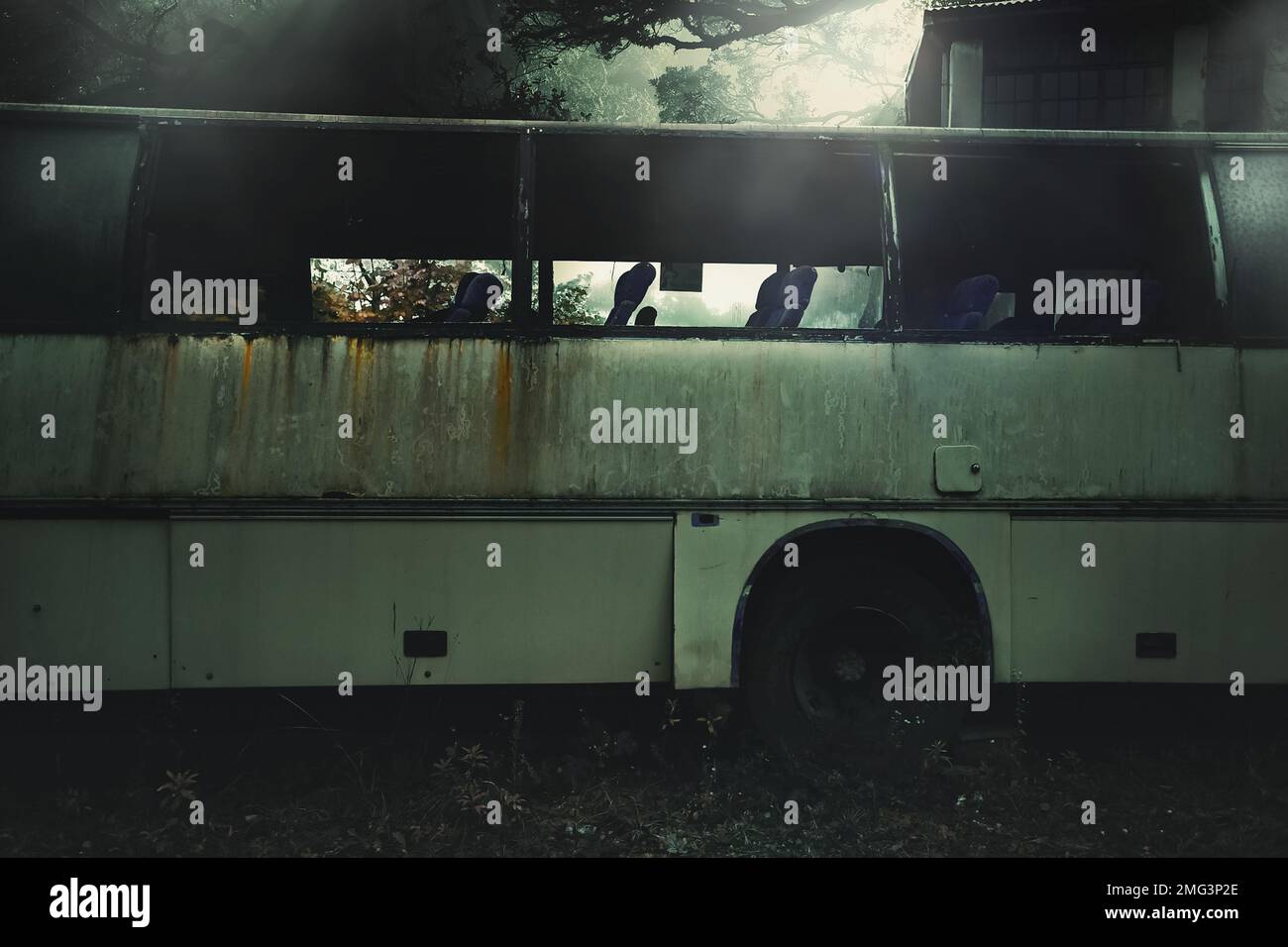 Lost place. Abandoned bus. Broken windows. Forgotten in the forest. High quality photo Stock Photo