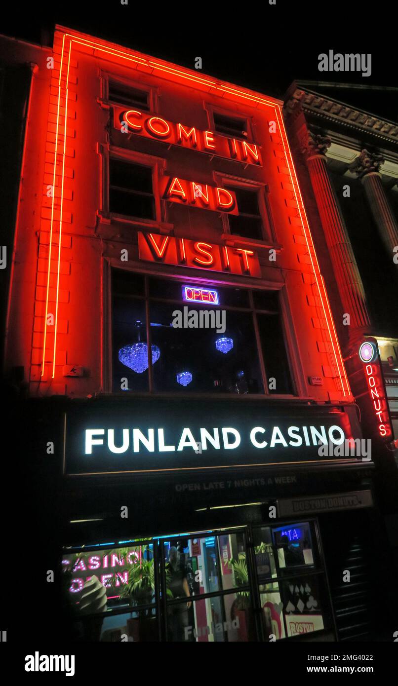 Funland Casino, red neon, Come In and visit, and gamble, 67 O'Connell Street Upper, North City, Dublin 1, D01 C1Y6, Eire, Ireland Stock Photo