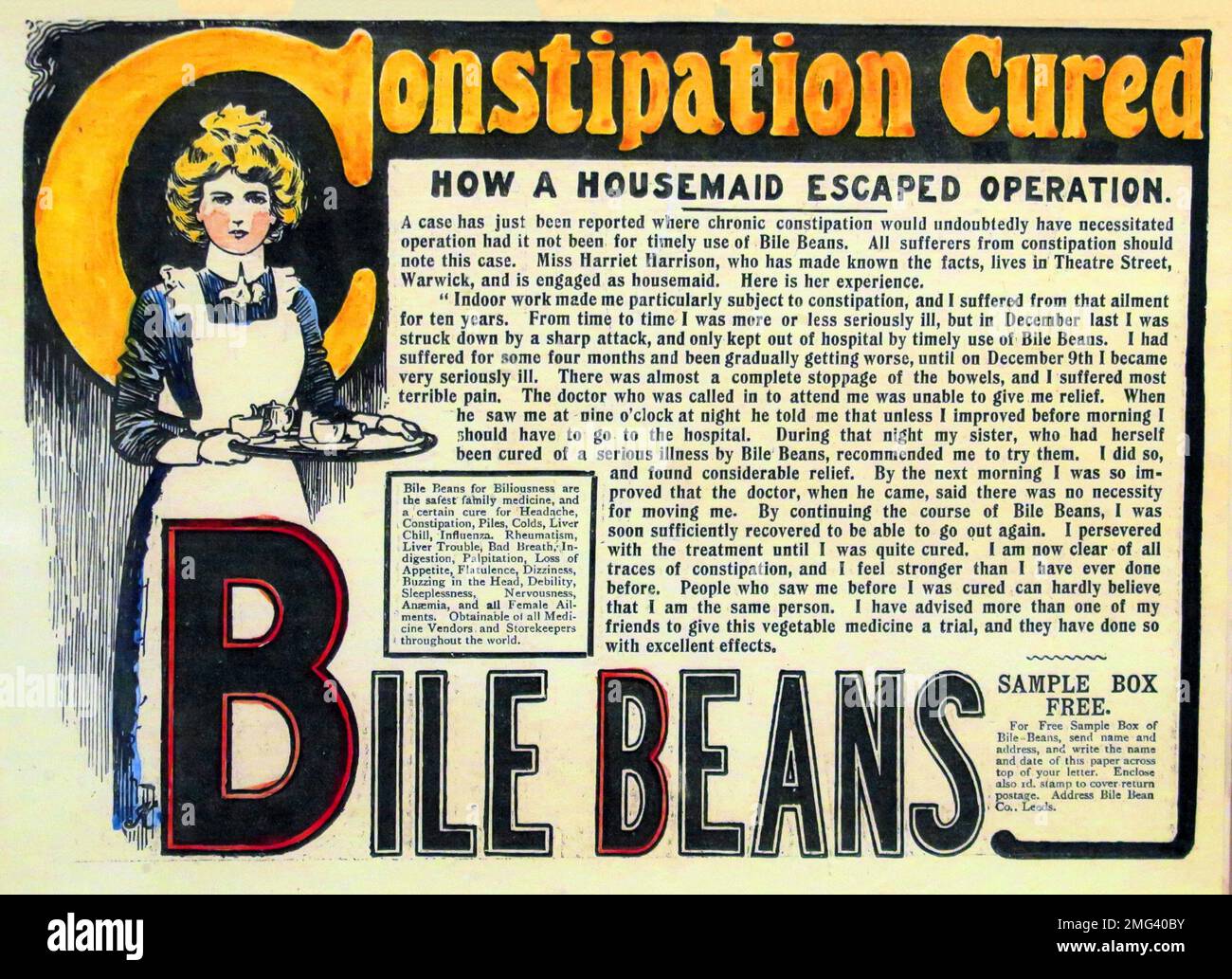 Advert for Bile Beans, constipation cured, how a housemaid escaped operation, newspaper article from 1920s Stock Photo