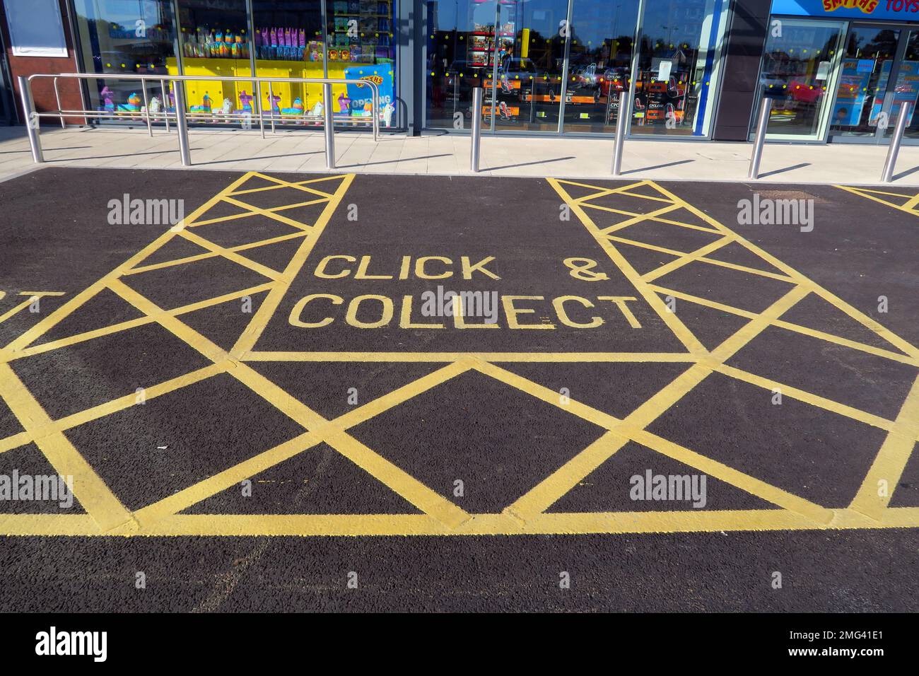 Click and Collect zone at a retail park, Warrington, Cheshire, England, UK, WA1 Stock Photo